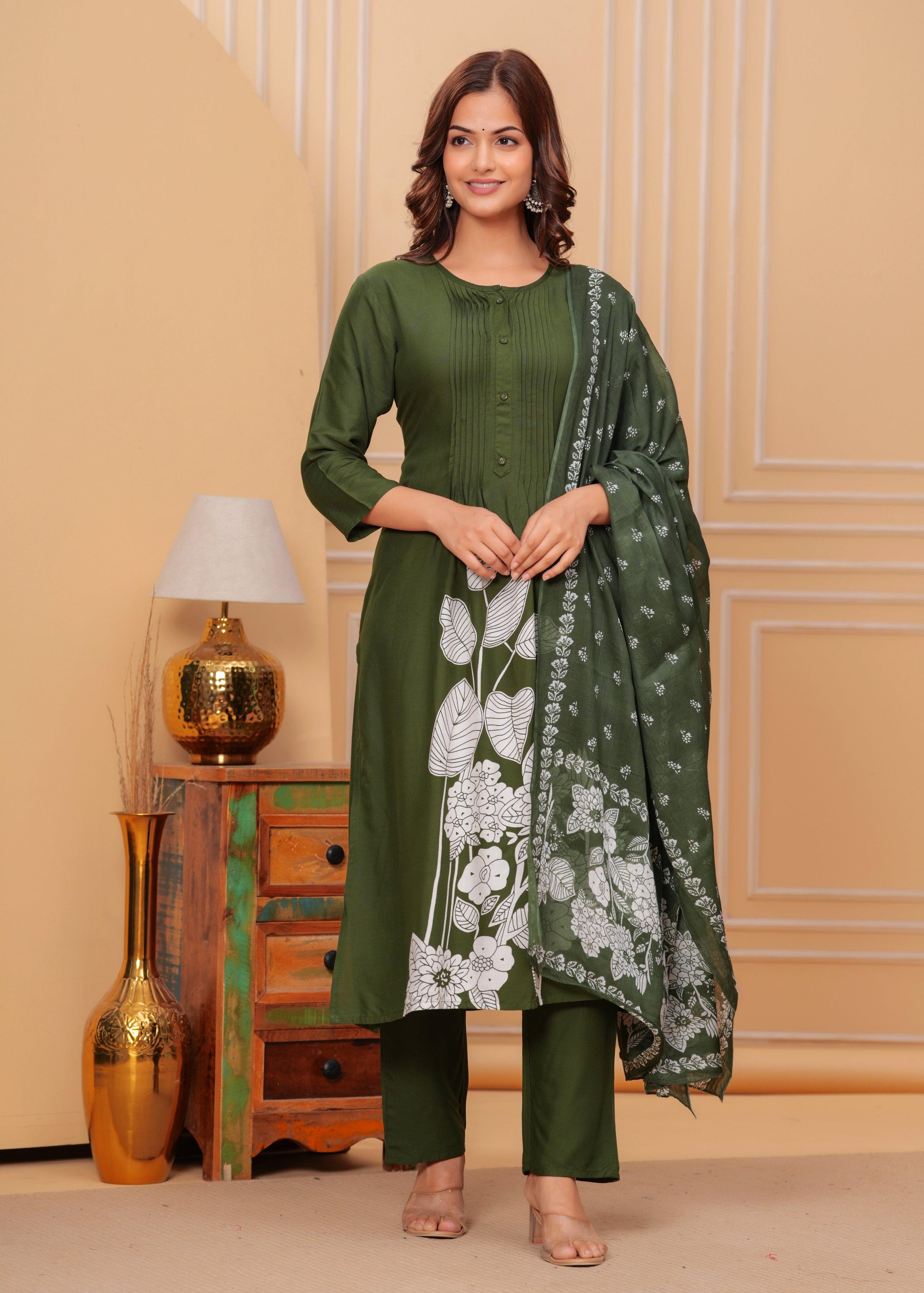 Camo Green Printed Rayon Suit Set