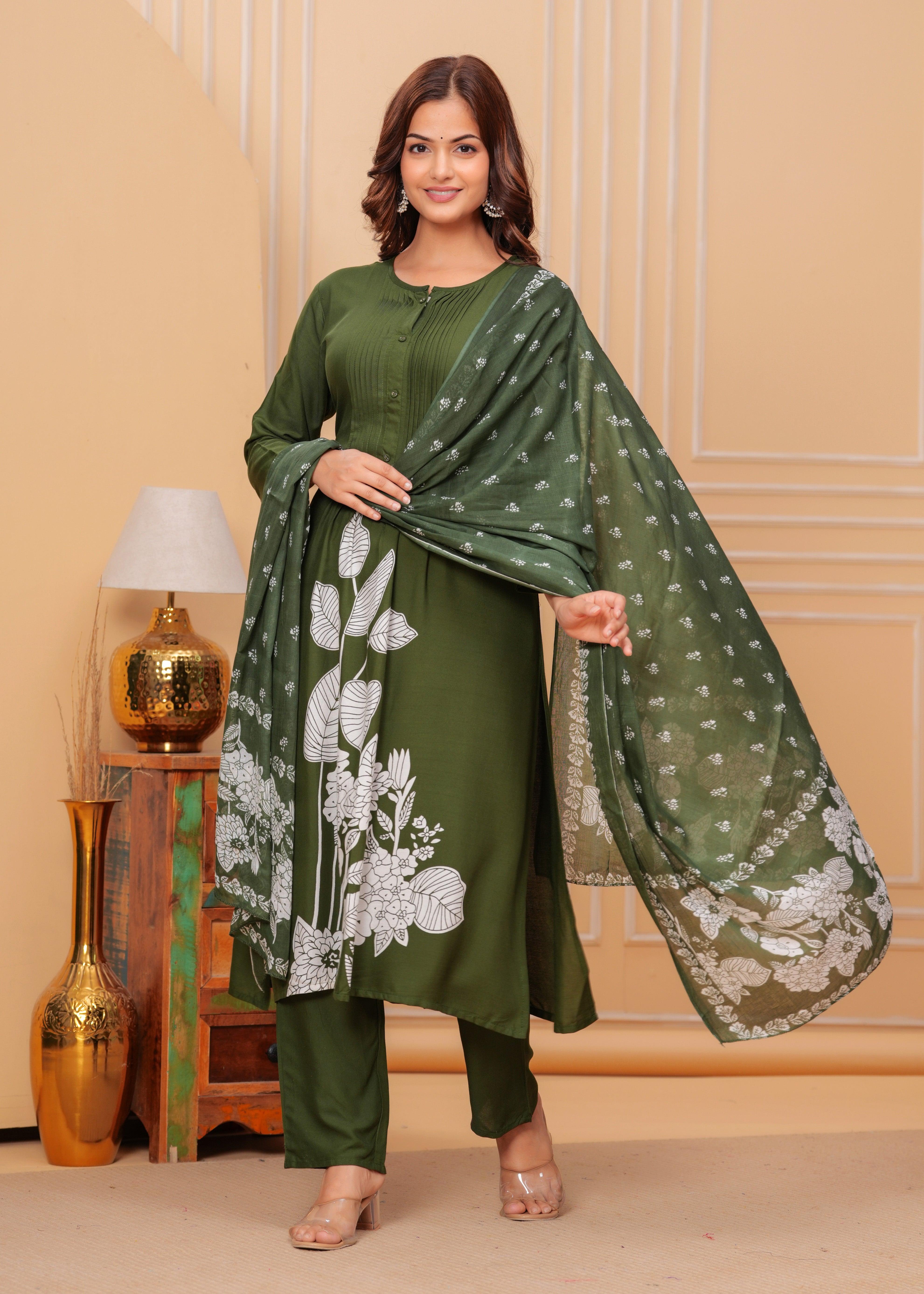 Camo Green Printed Rayon Suit Set