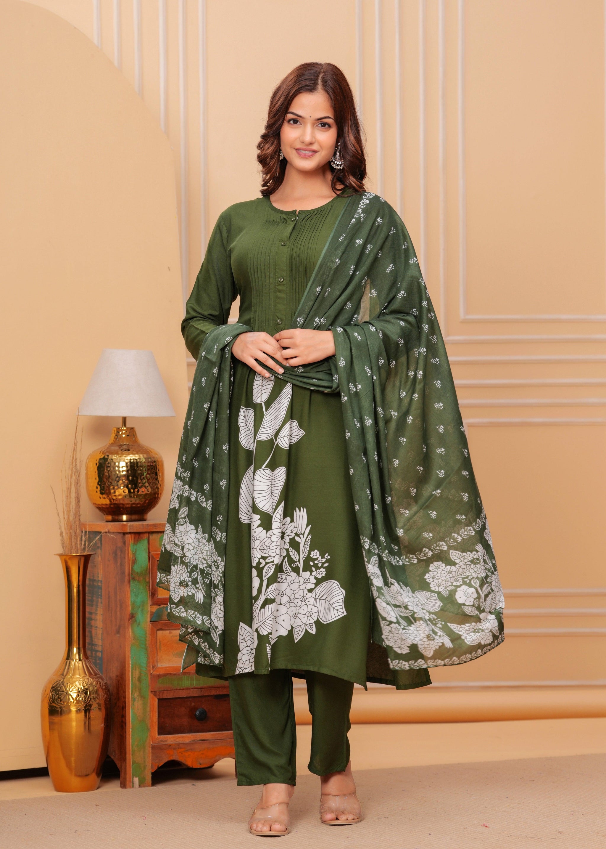 Camo Green Printed Rayon Suit Set