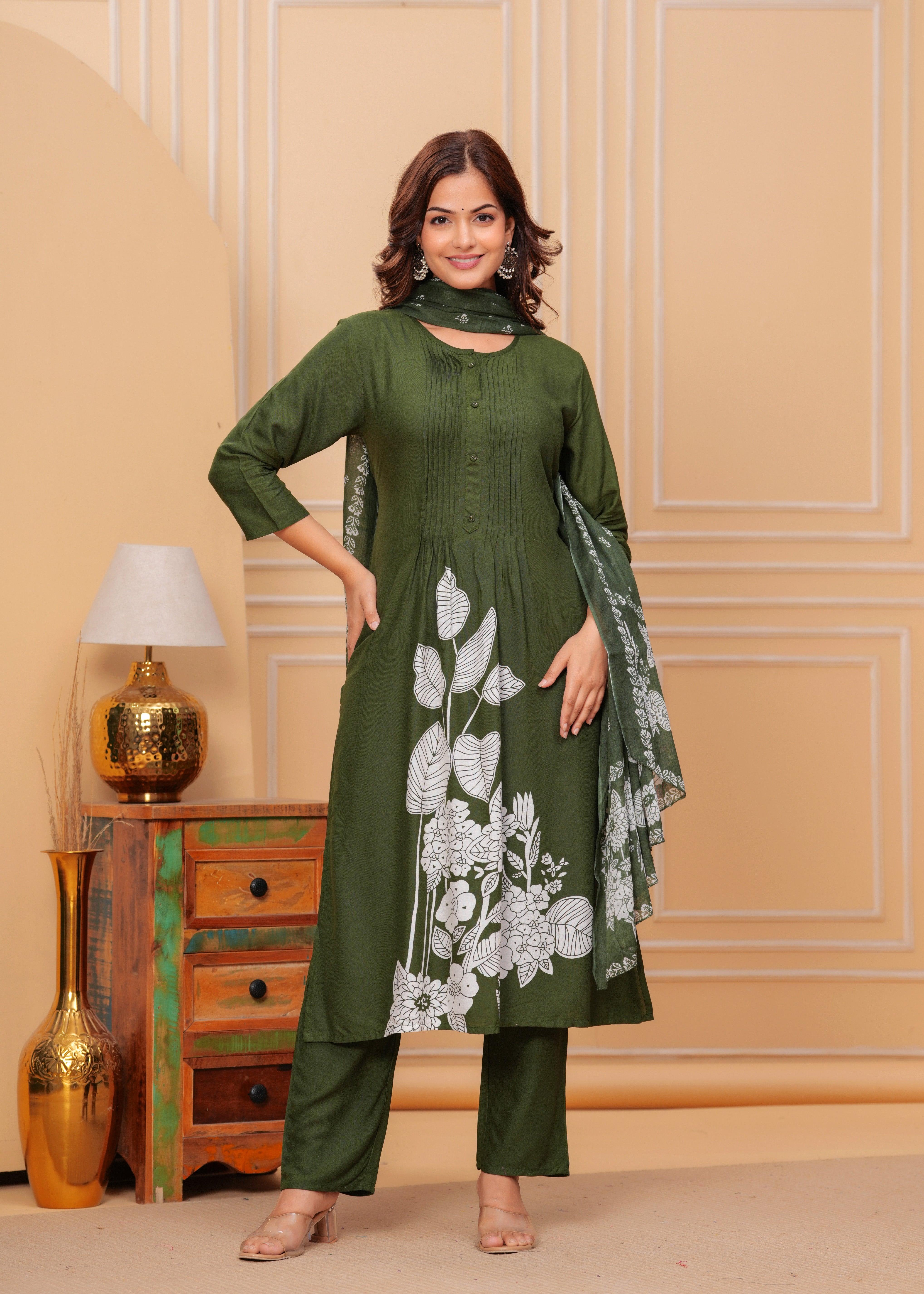 Camo Green Printed Rayon Suit Set