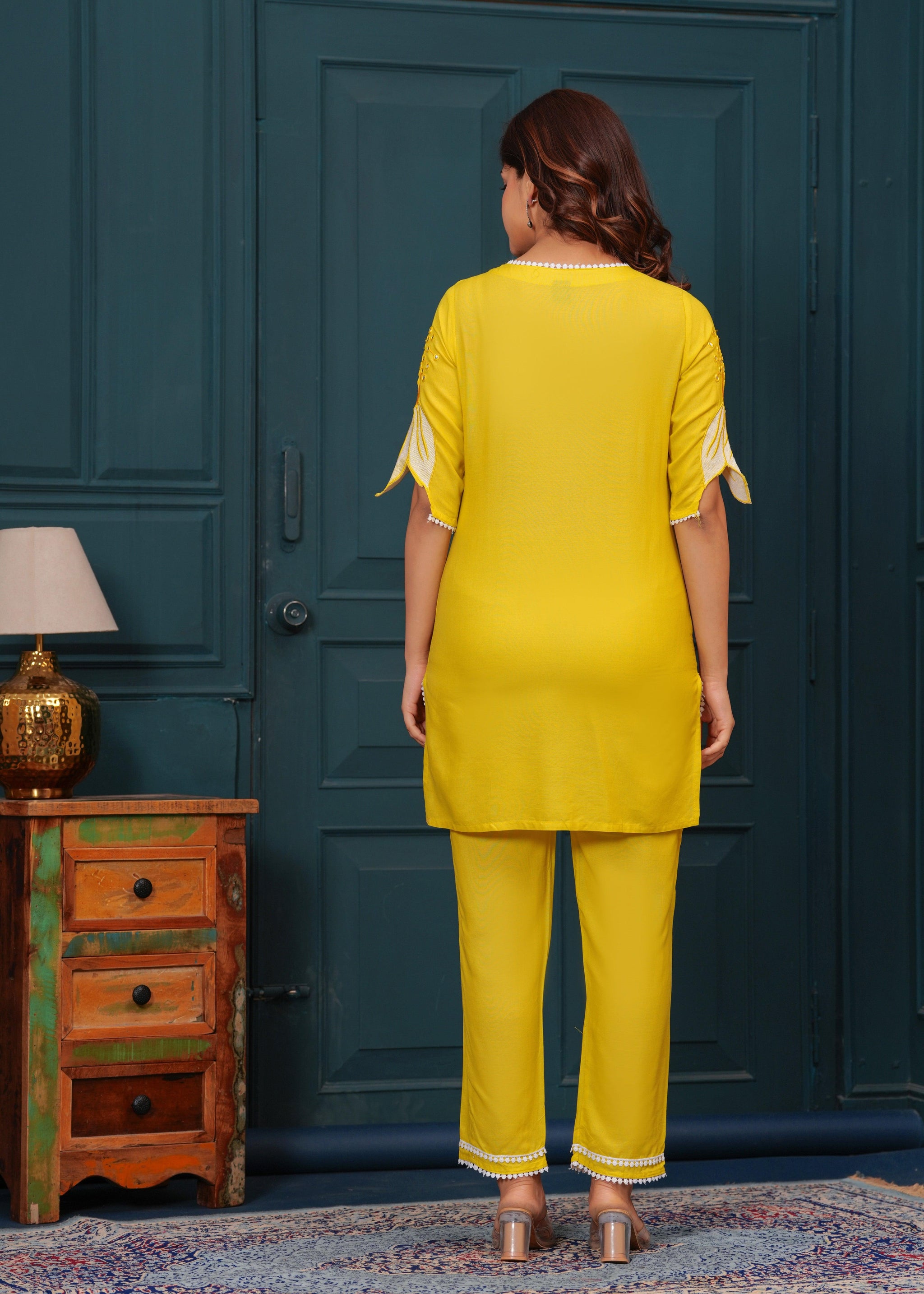 Yellow Embroidered Rayon Kurta and Pant Set