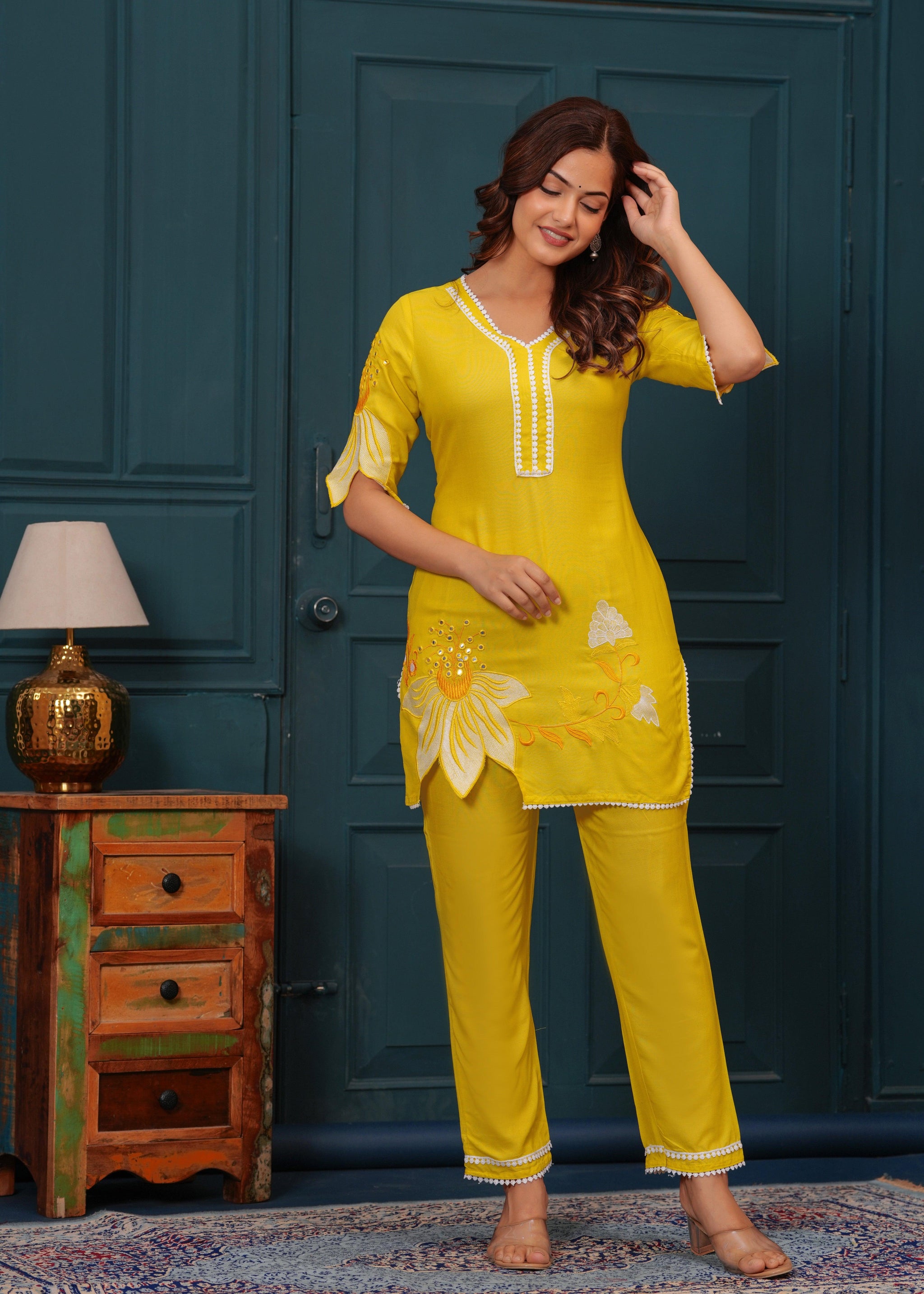 Yellow Embroidered Rayon Kurta and Pant Set