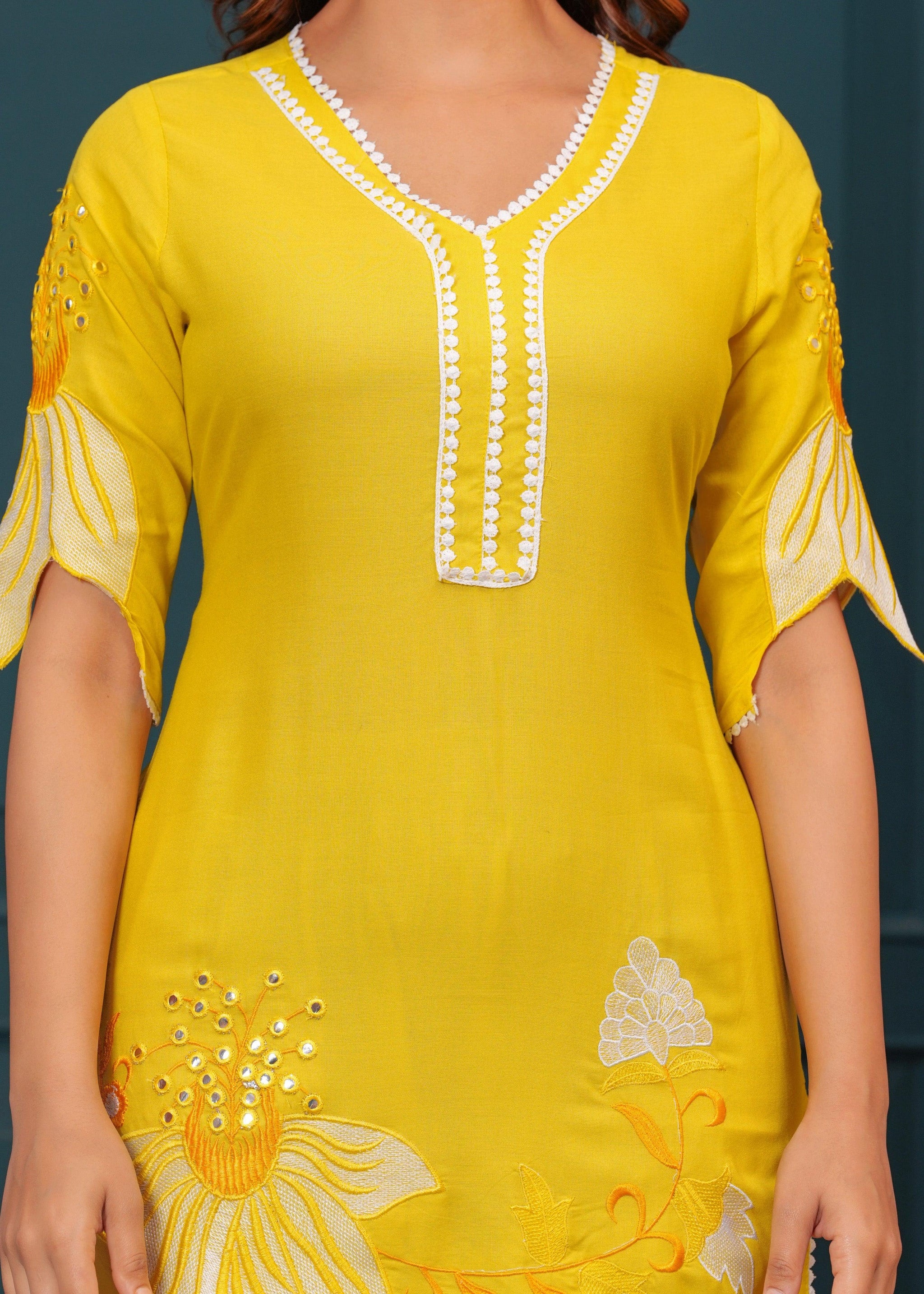 Yellow Embroidered Rayon Kurta and Pant Set