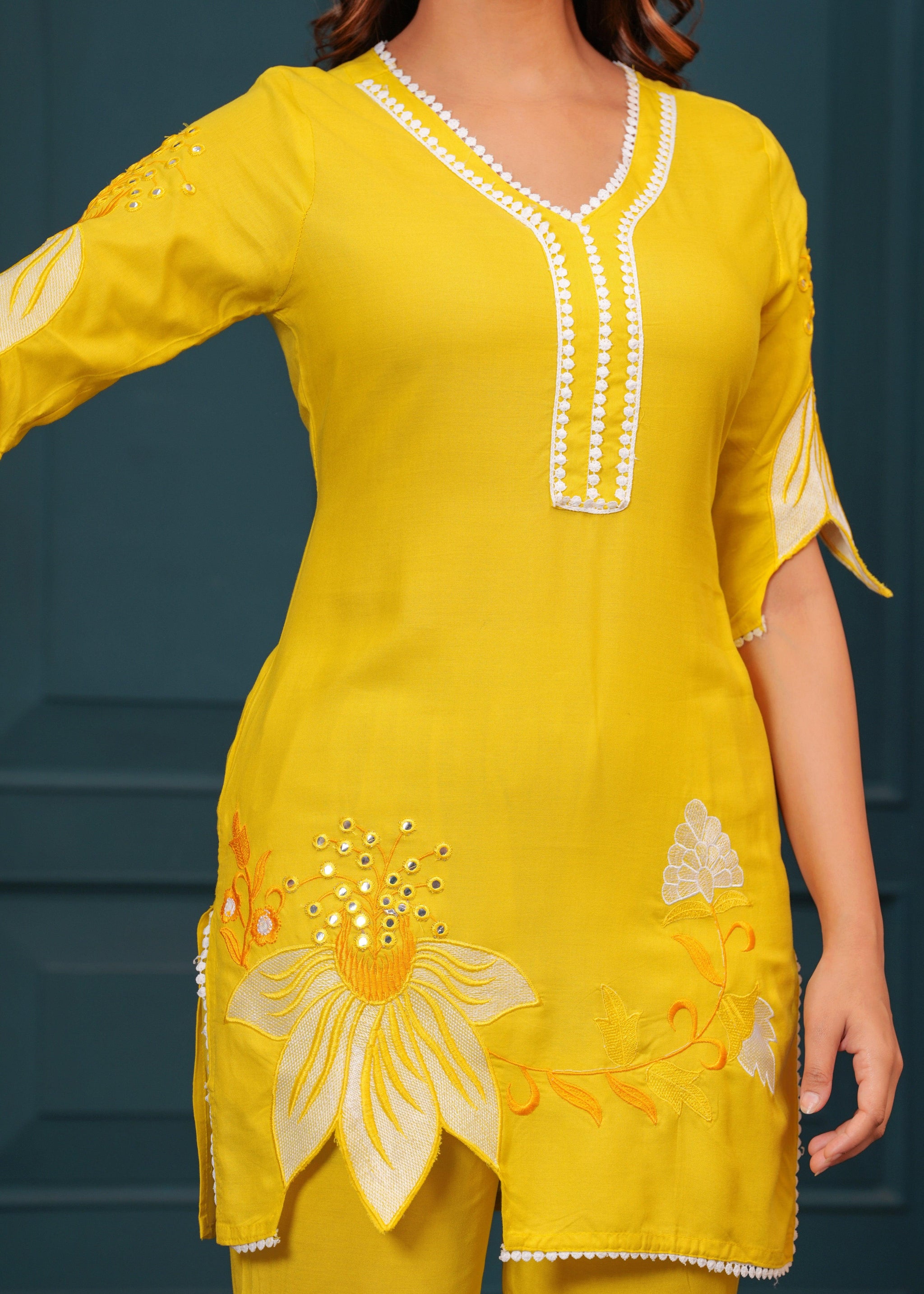 Yellow Embroidered Rayon Kurta and Pant Set