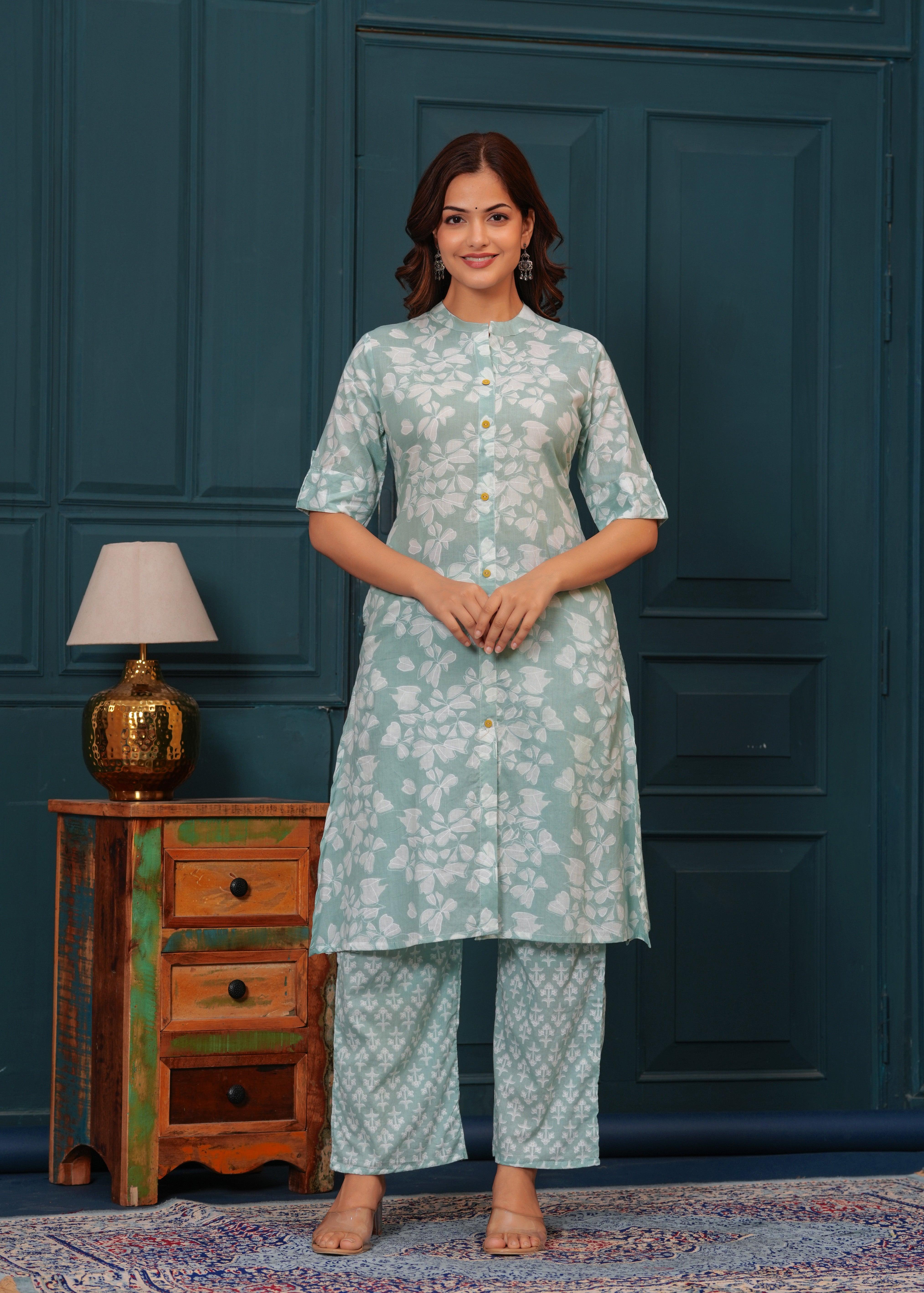 Grey Cloud Floral Printed Rayon Kurta and Pant Set
