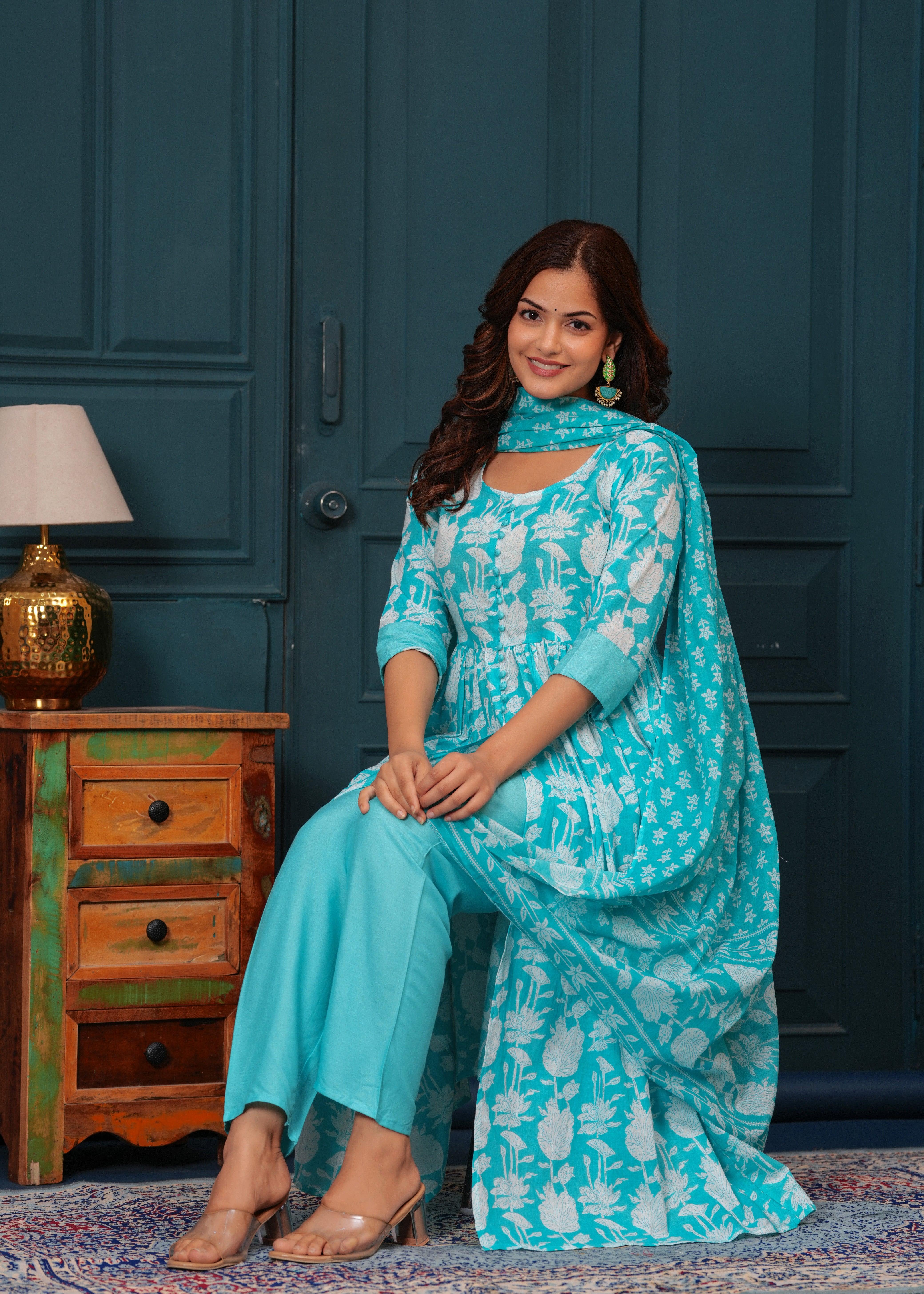 Light Blue Floral Printed Rayon Suit Set