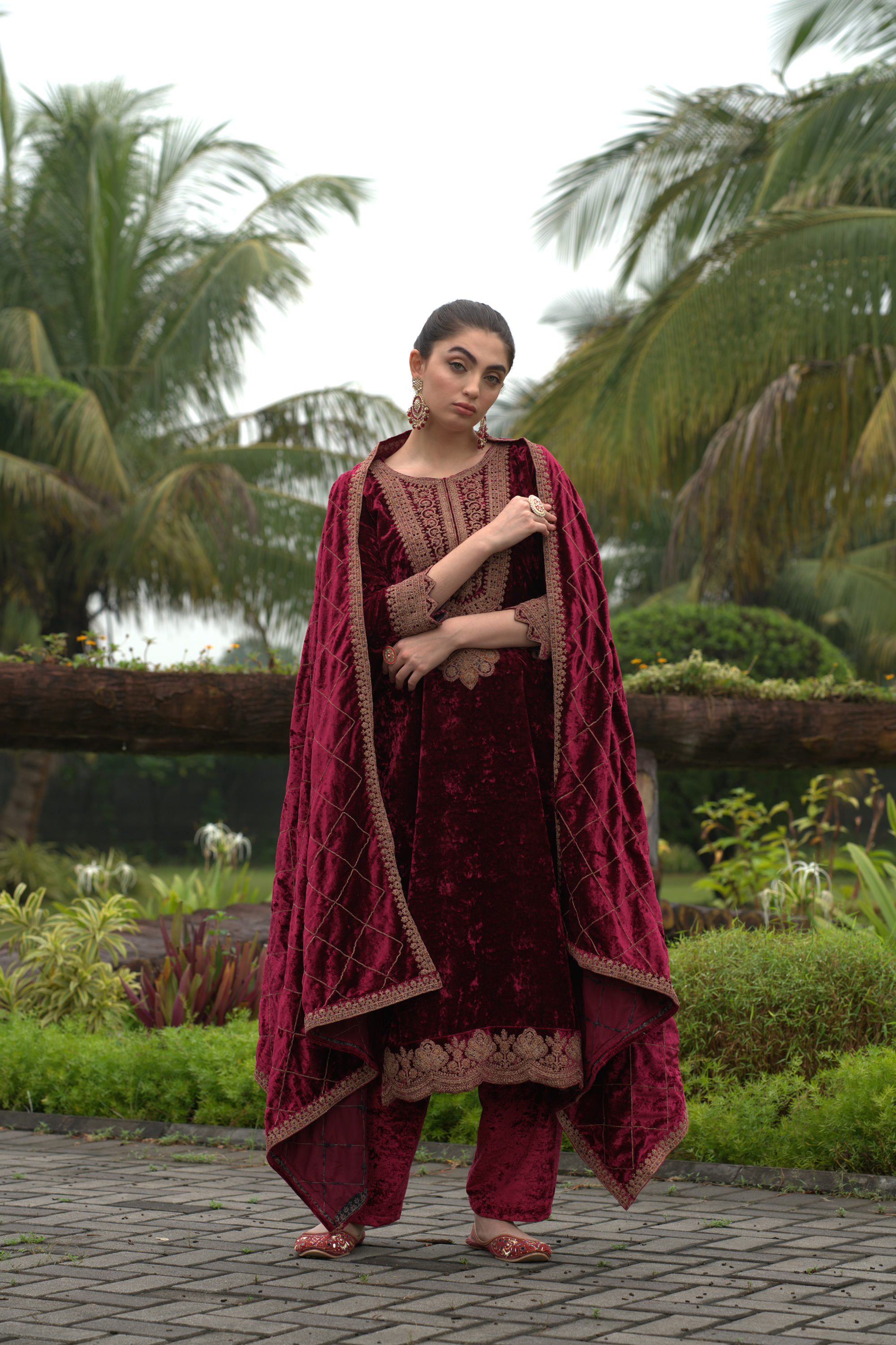 Maroon Designer Velvet Pakistani Suit Set