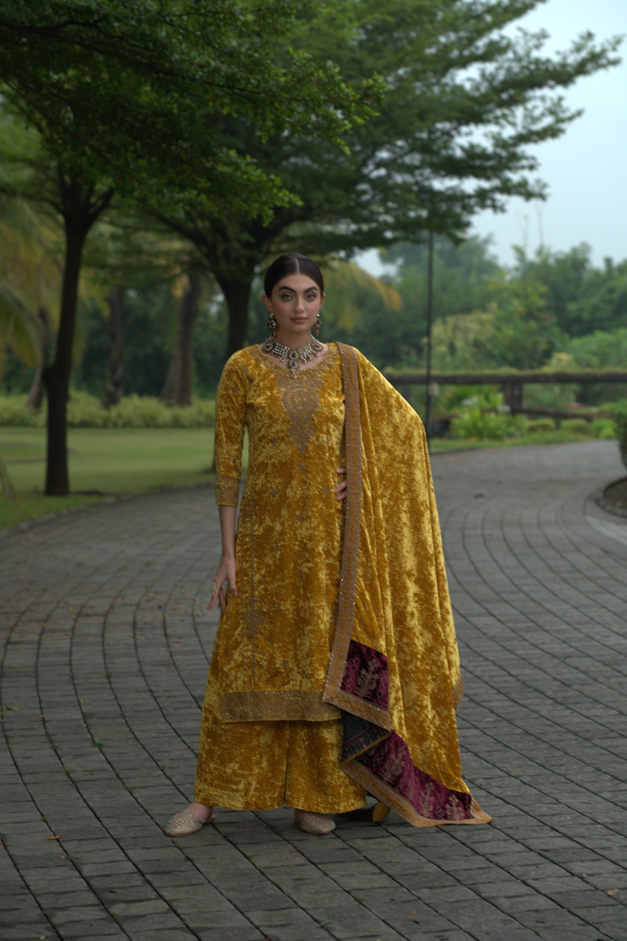 Yellow Designer Velvet Pakistani Suit Set