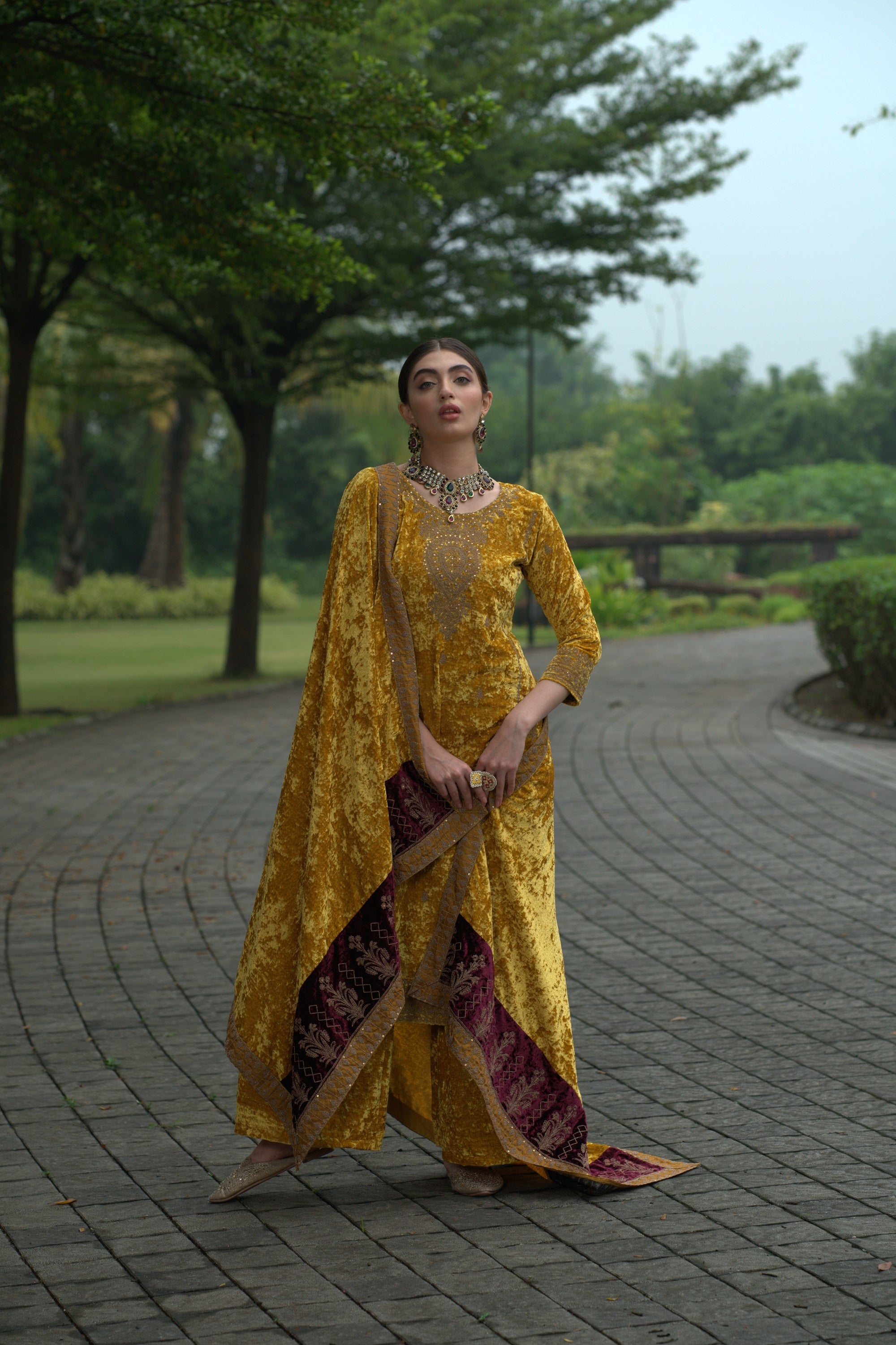 Yellow Designer Velvet Pakistani Suit Set