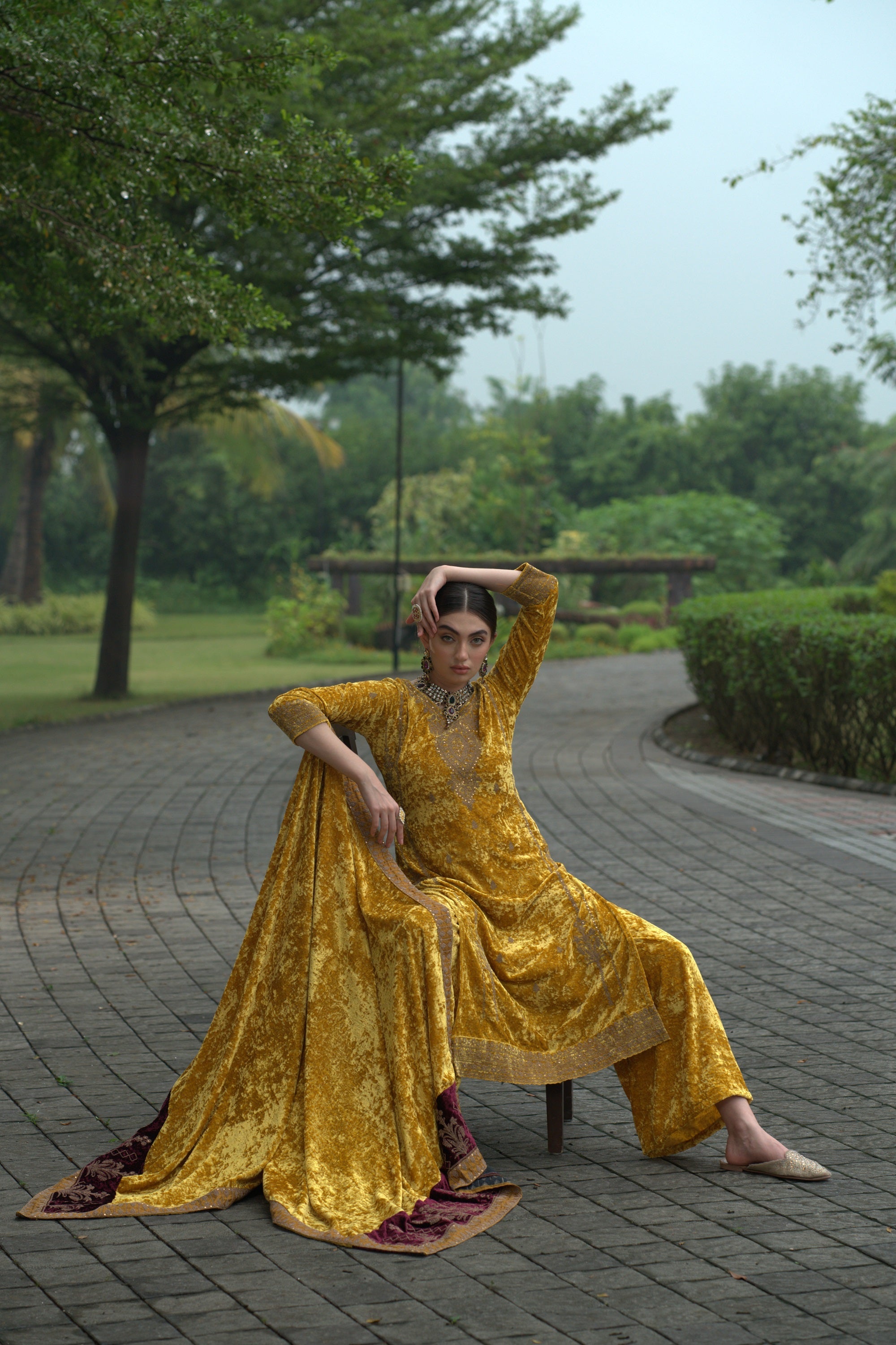 Yellow Designer Velvet Pakistani Suit Set