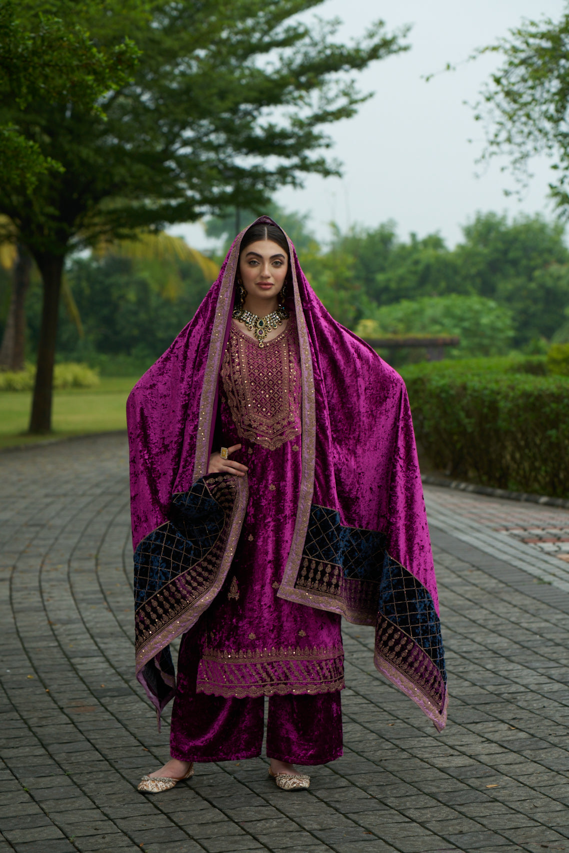 Dark Carnation Pink Designer Velvet Pakistani Suit Set