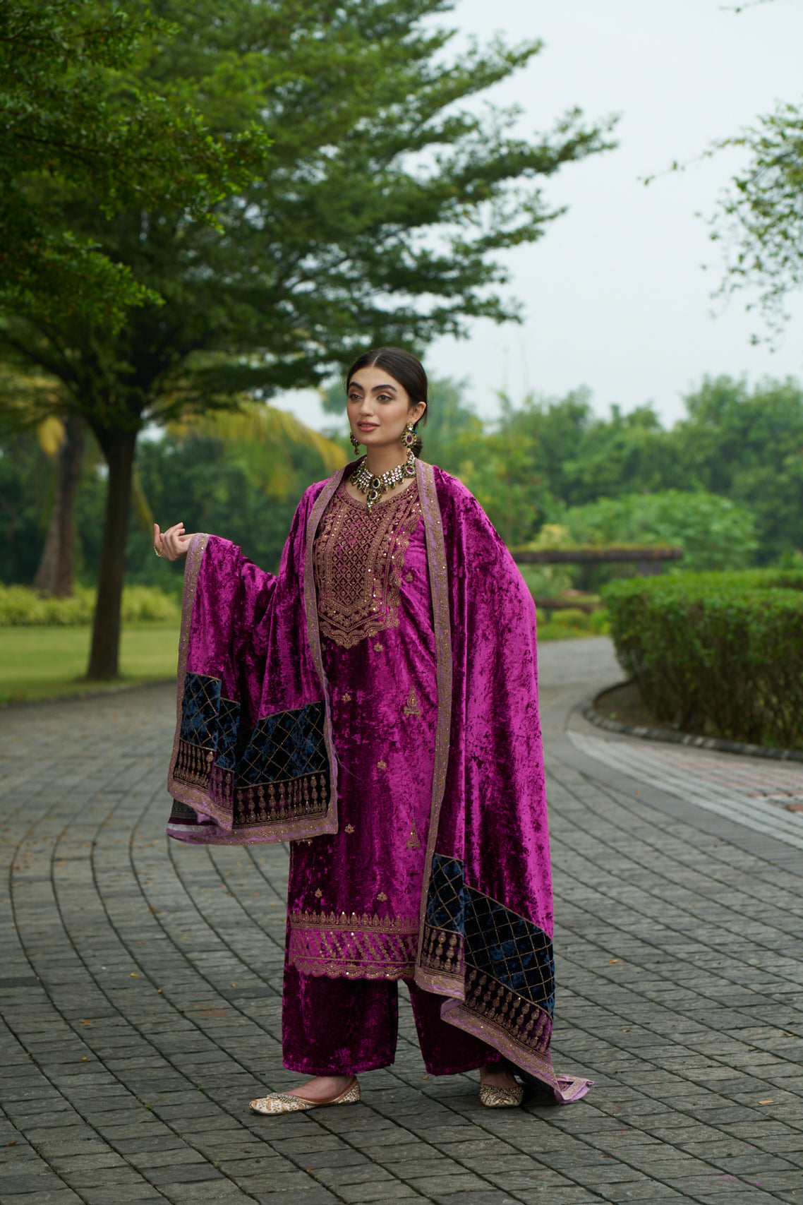 Dark Carnation Pink Designer Velvet Pakistani Suit Set
