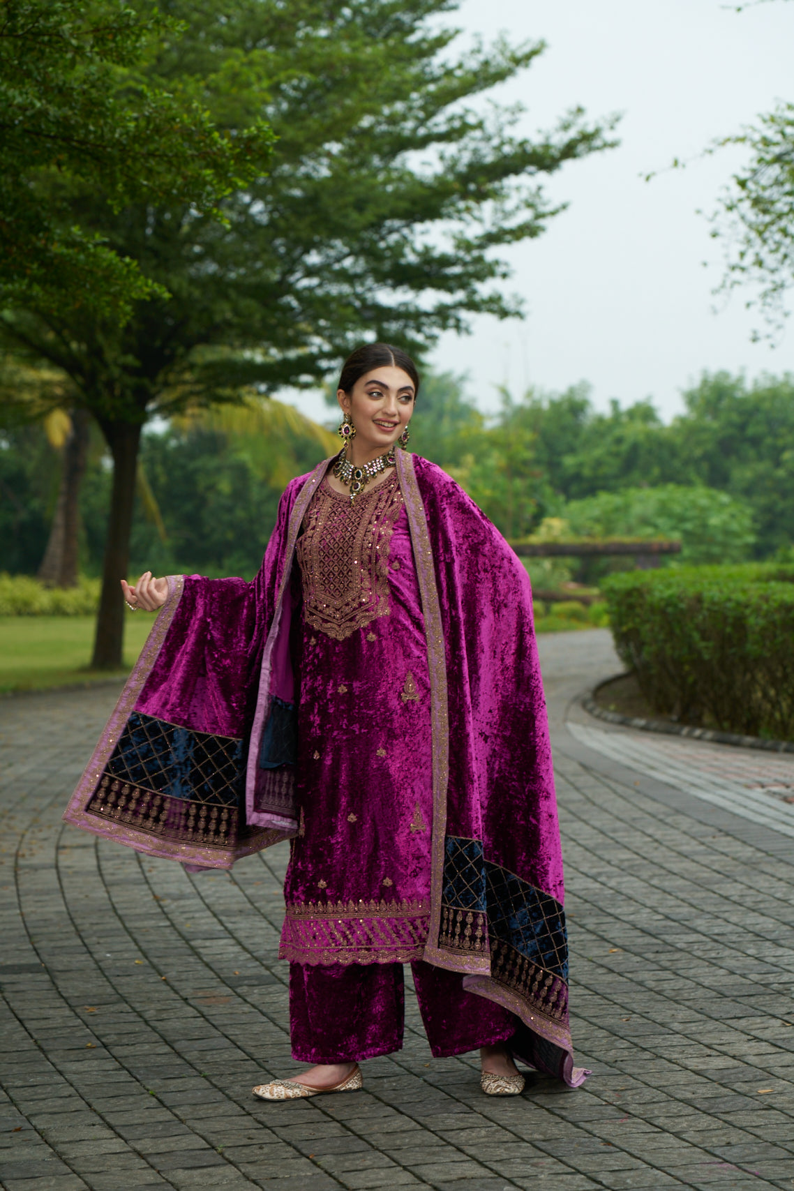 Dark Carnation Pink Designer Velvet Pakistani Suit Set