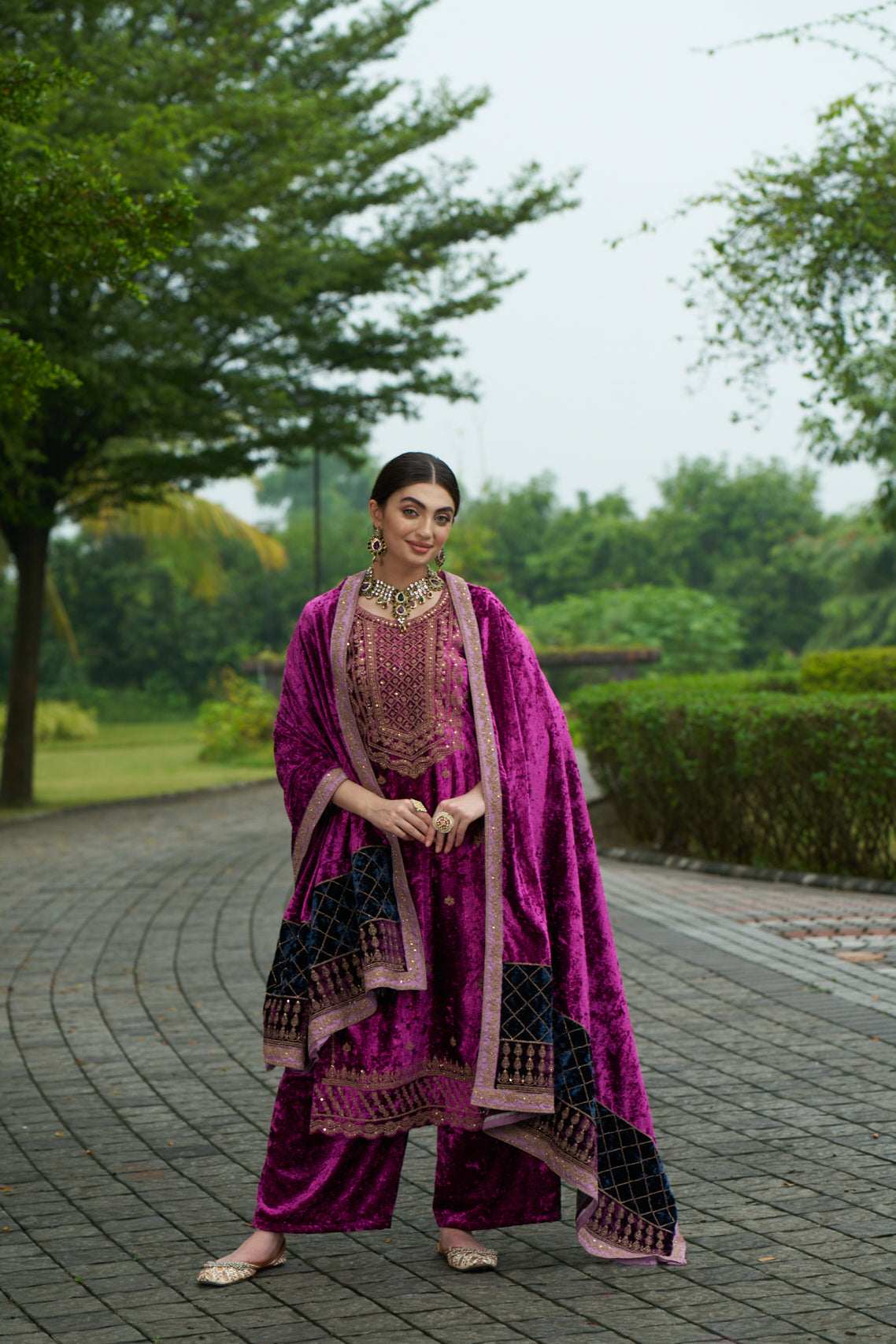 Dark Carnation Pink Designer Velvet Pakistani Suit Set