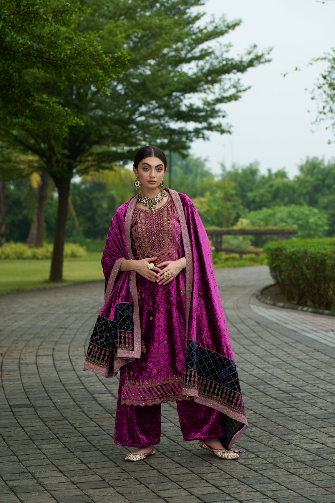 Dark Carnation Pink Designer Velvet Pakistani Suit Set