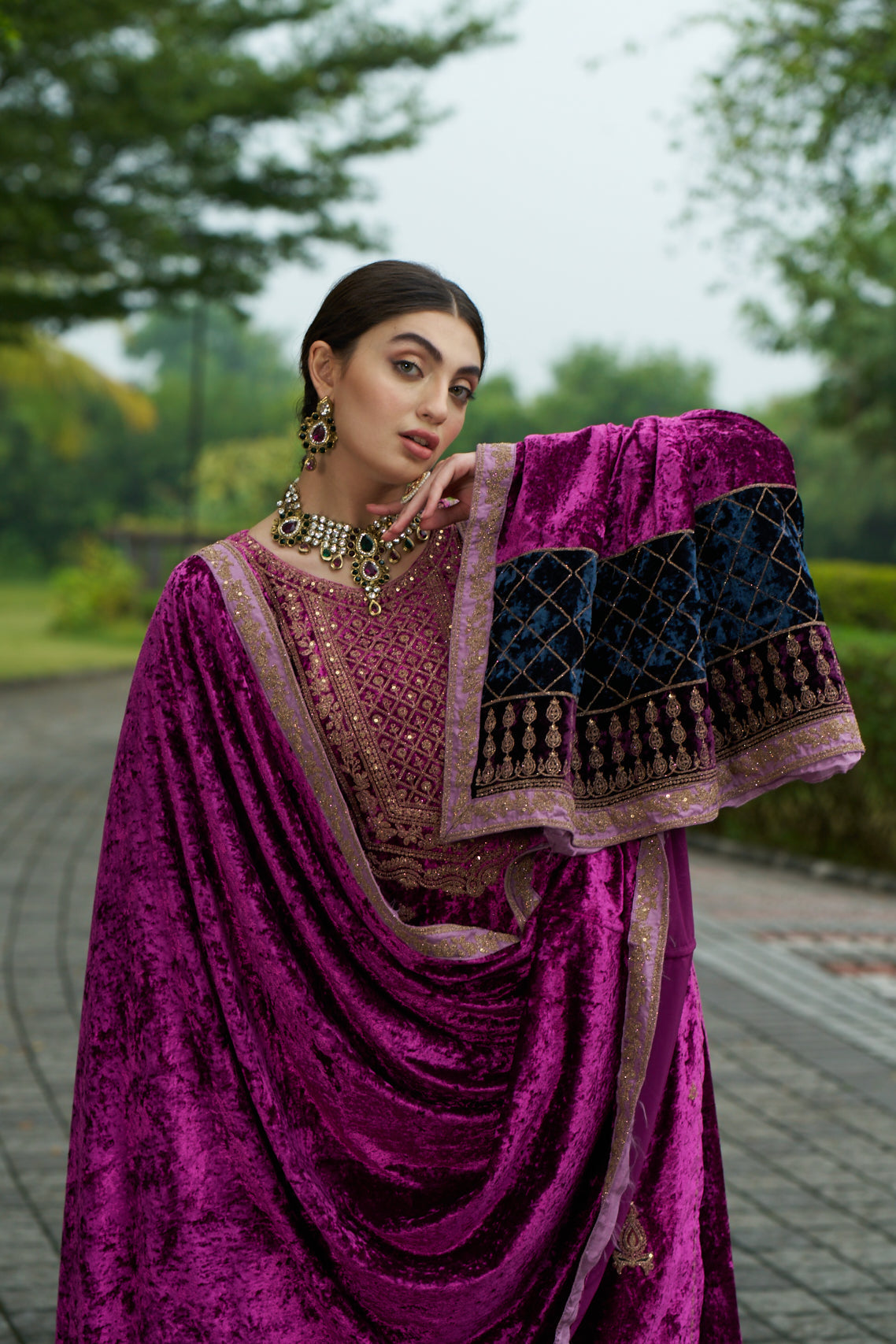 Dark Carnation Pink Designer Velvet Pakistani Suit Set