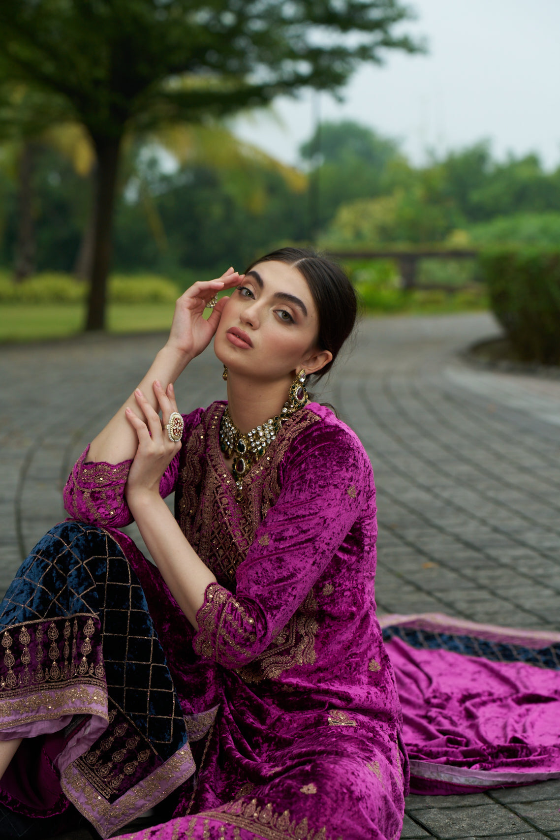 Dark Carnation Pink Designer Velvet Pakistani Suit Set