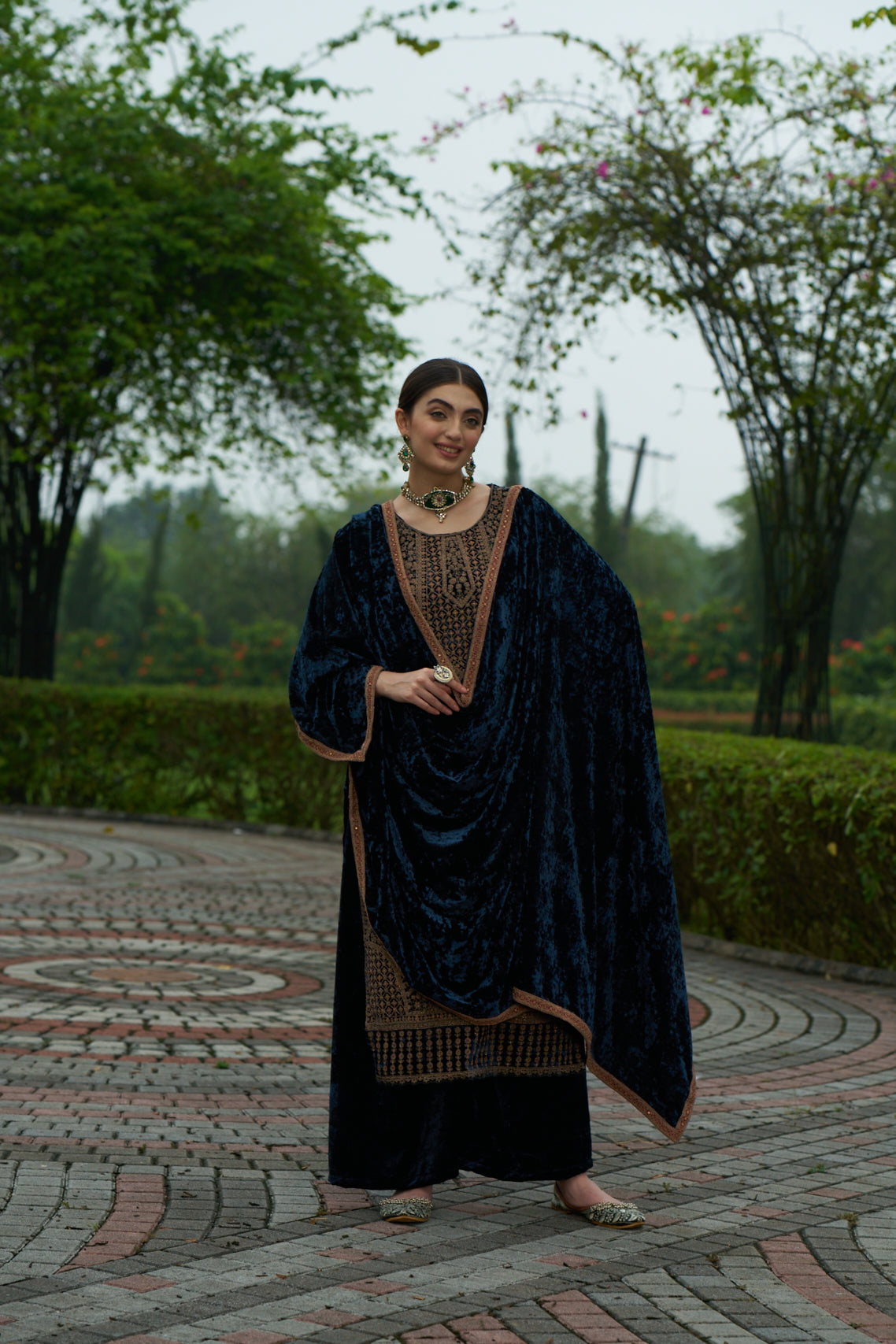 Dark Blue Designer Velvet Pakistani Suit Set