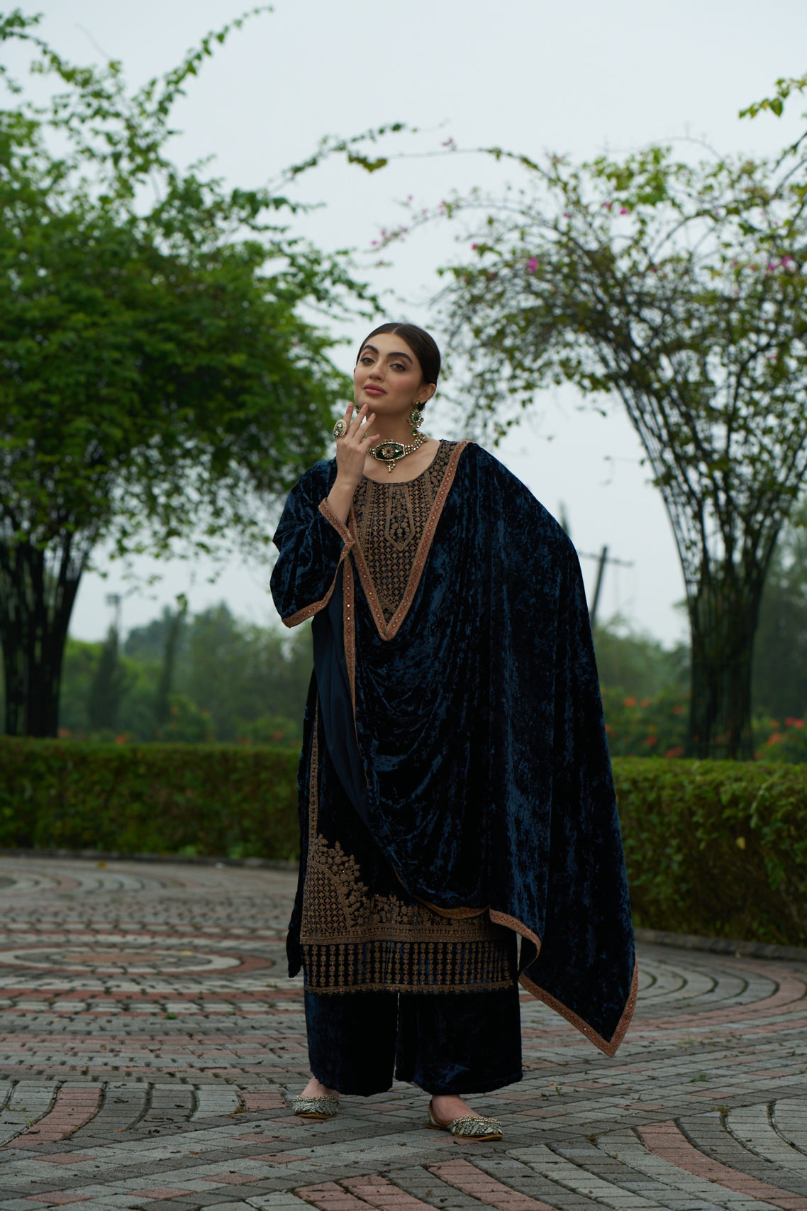 Dark Blue Designer Velvet Pakistani Suit Set