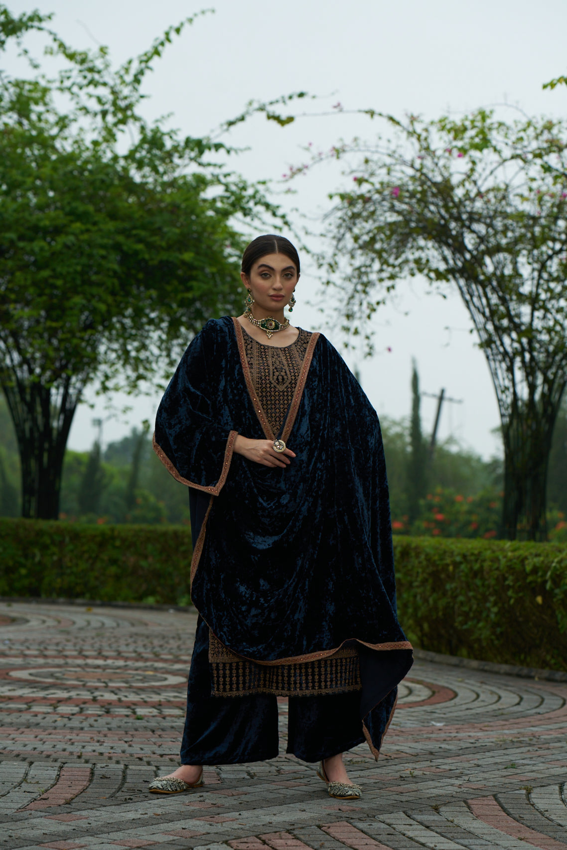 Dark Blue Designer Velvet Pakistani Suit Set