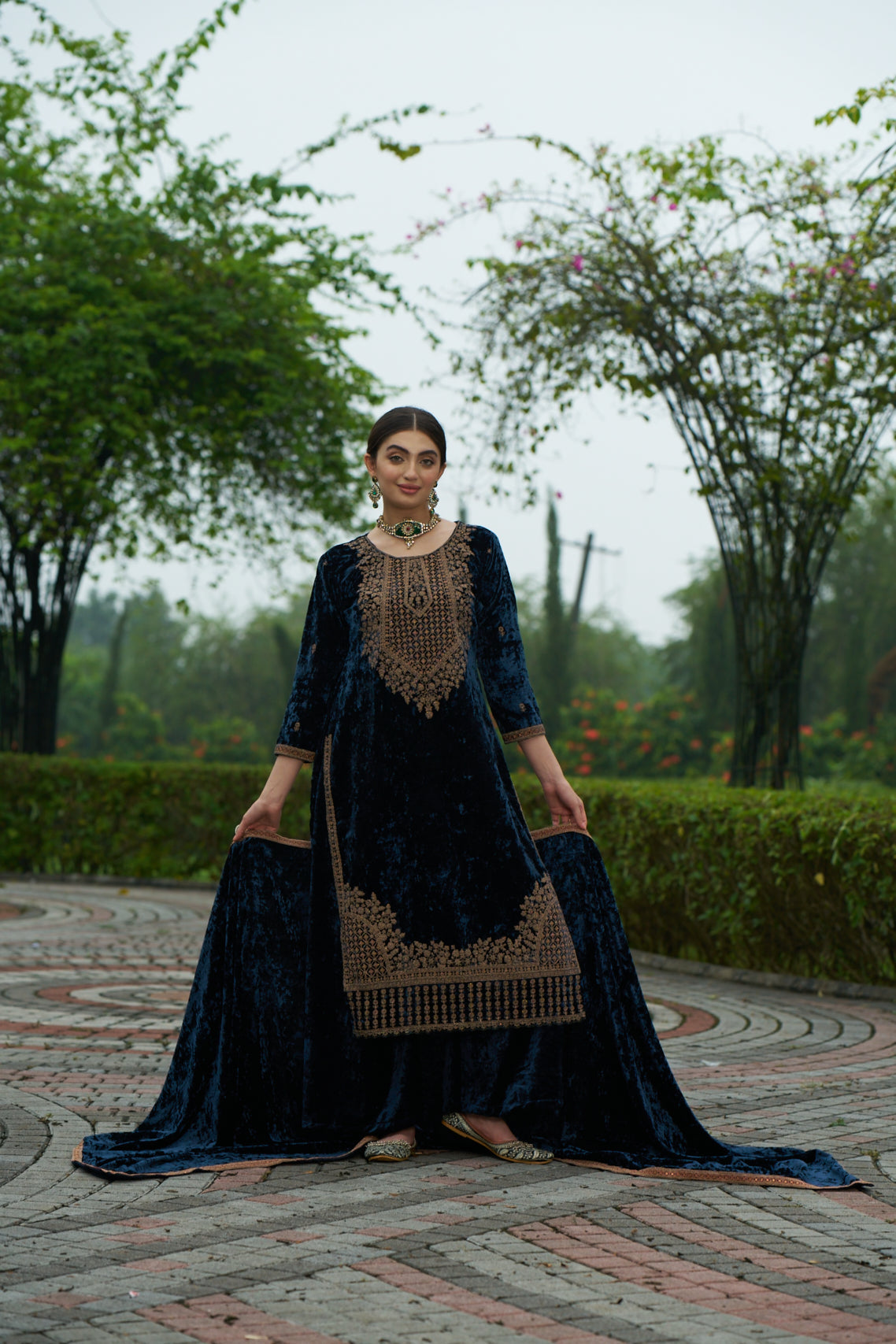Dark Blue Designer Velvet Pakistani Suit Set