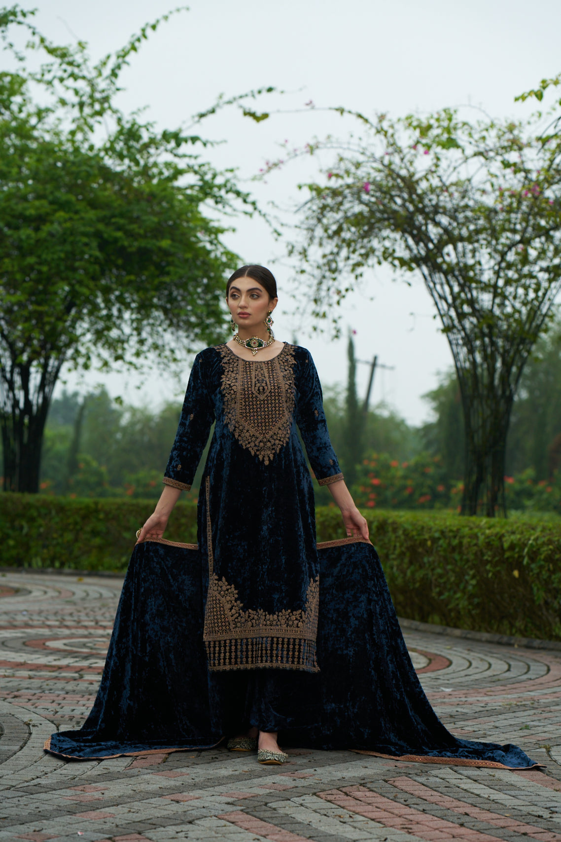 Dark Blue Designer Velvet Pakistani Suit Set