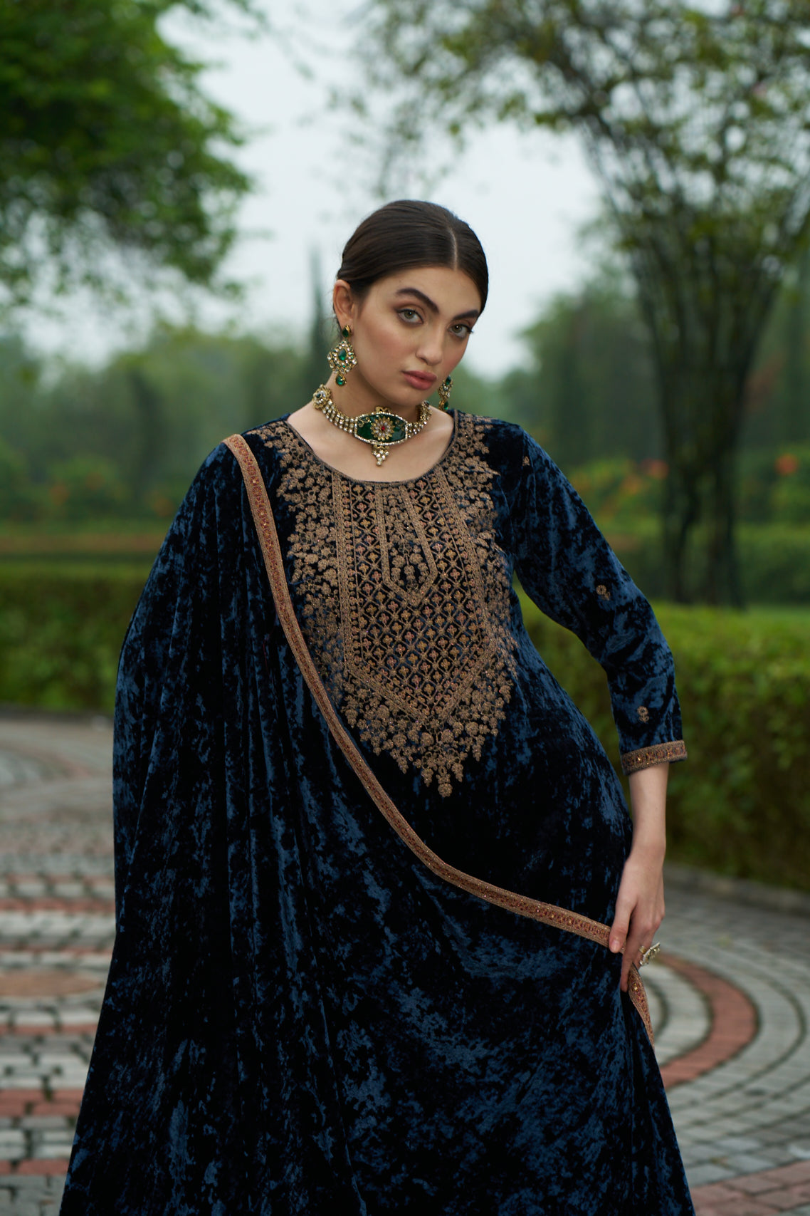 Dark Blue Designer Velvet Pakistani Suit Set