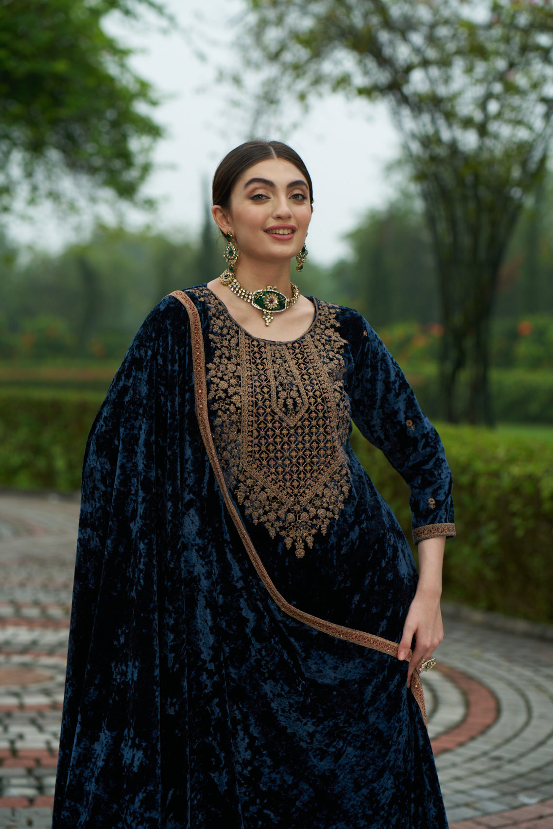 Dark Blue Designer Velvet Pakistani Suit Set