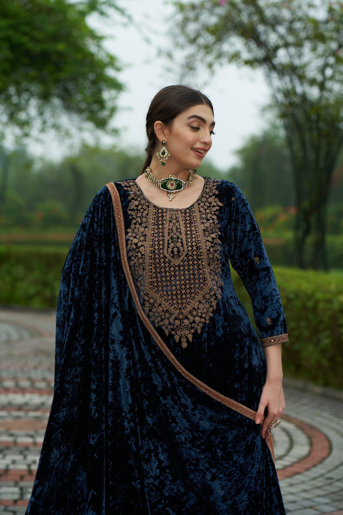 Dark Blue Designer Velvet Pakistani Suit Set