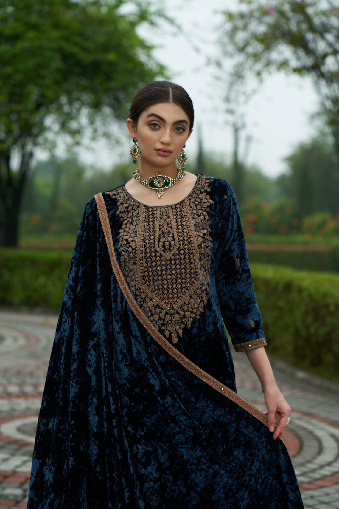 Dark Blue Designer Velvet Pakistani Suit Set