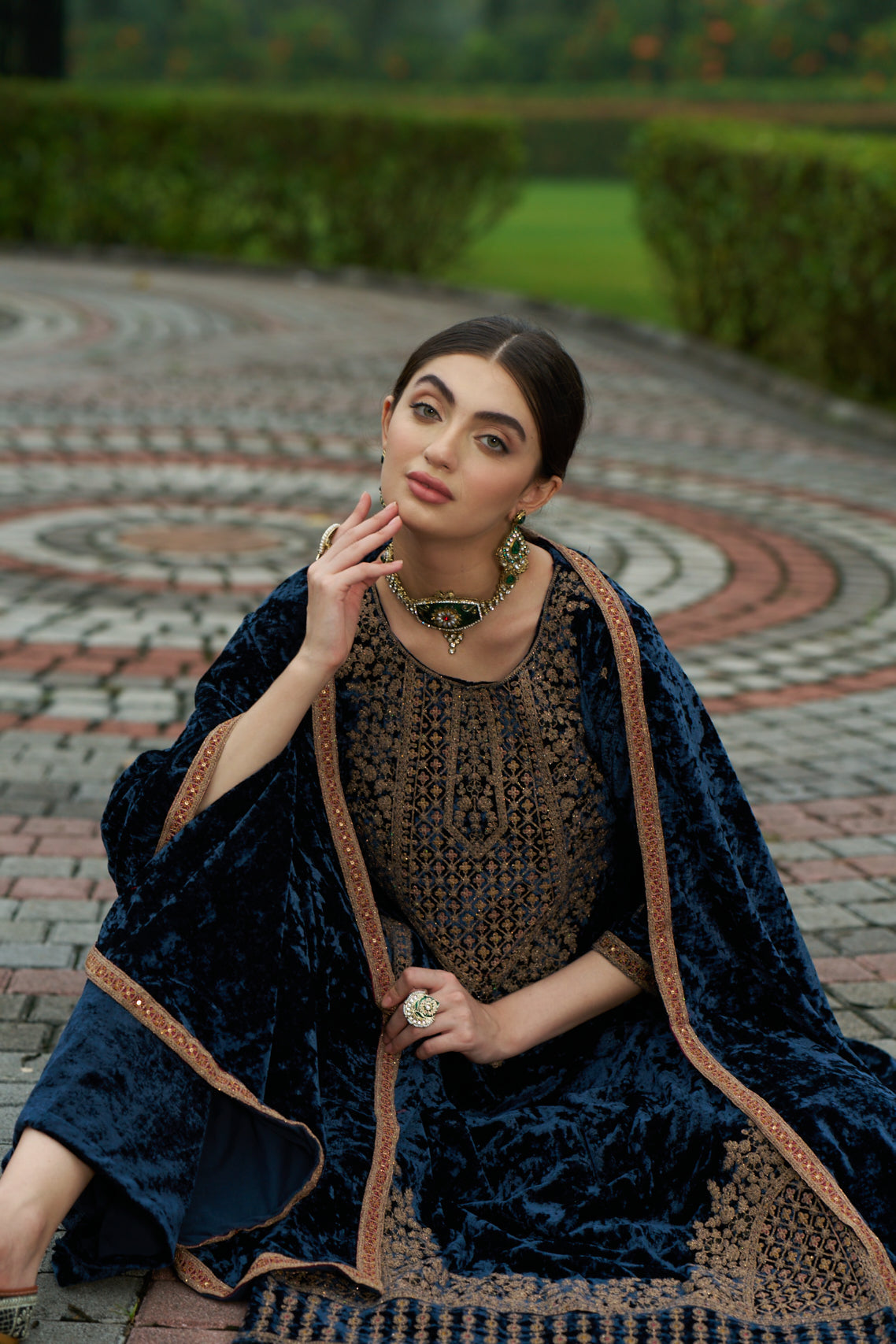 Dark Blue Designer Velvet Pakistani Suit Set