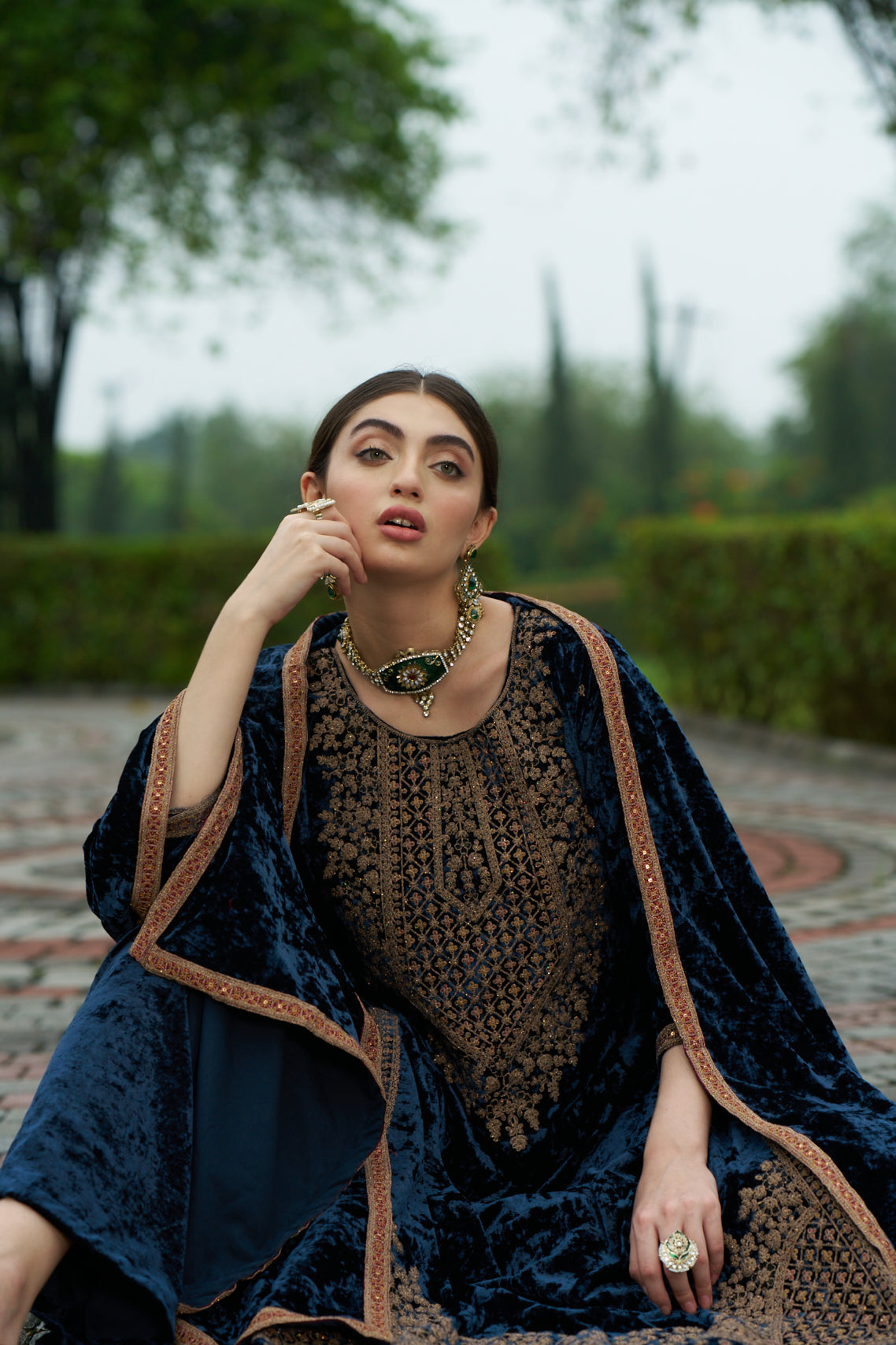 Dark Blue Designer Velvet Pakistani Suit Set