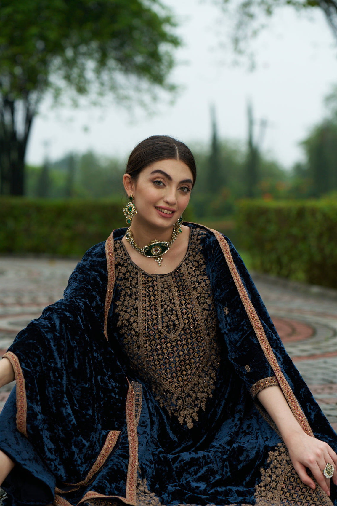 Dark Blue Designer Velvet Pakistani Suit Set