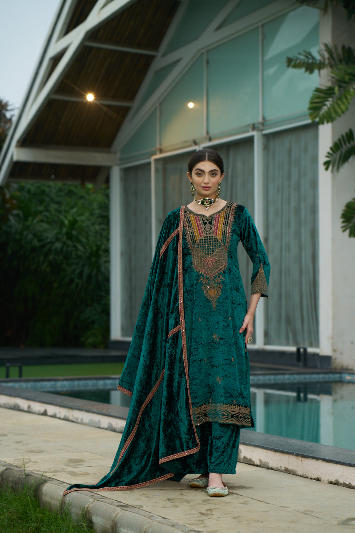 Teal Green Designer Velvet Pakistani Suit Set
