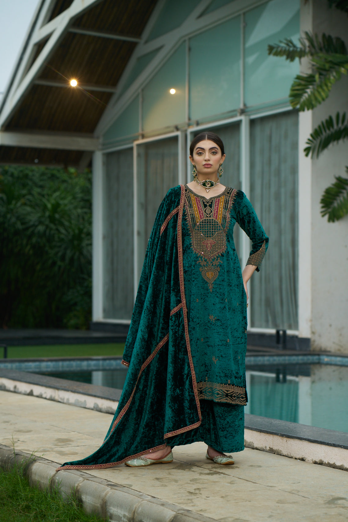 Teal Green Designer Velvet Pakistani Suit Set