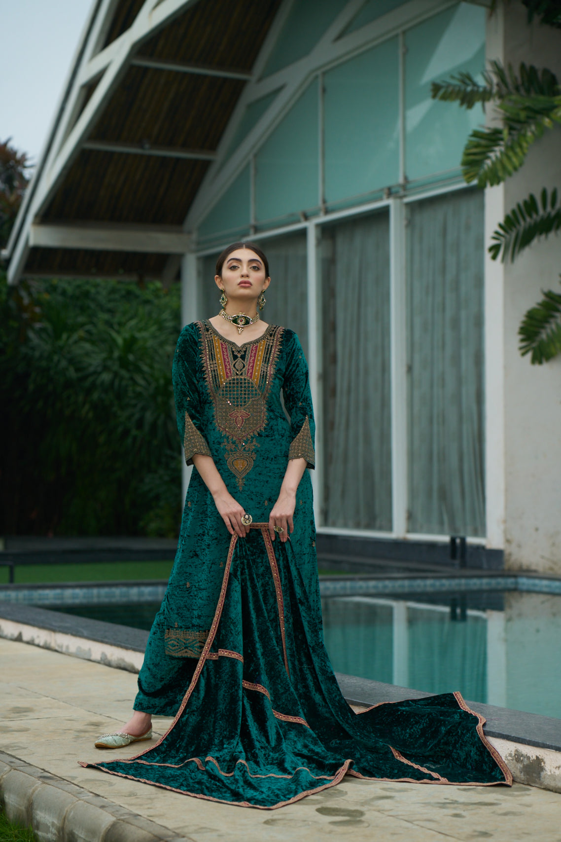 Teal Green Designer Velvet Pakistani Suit Set