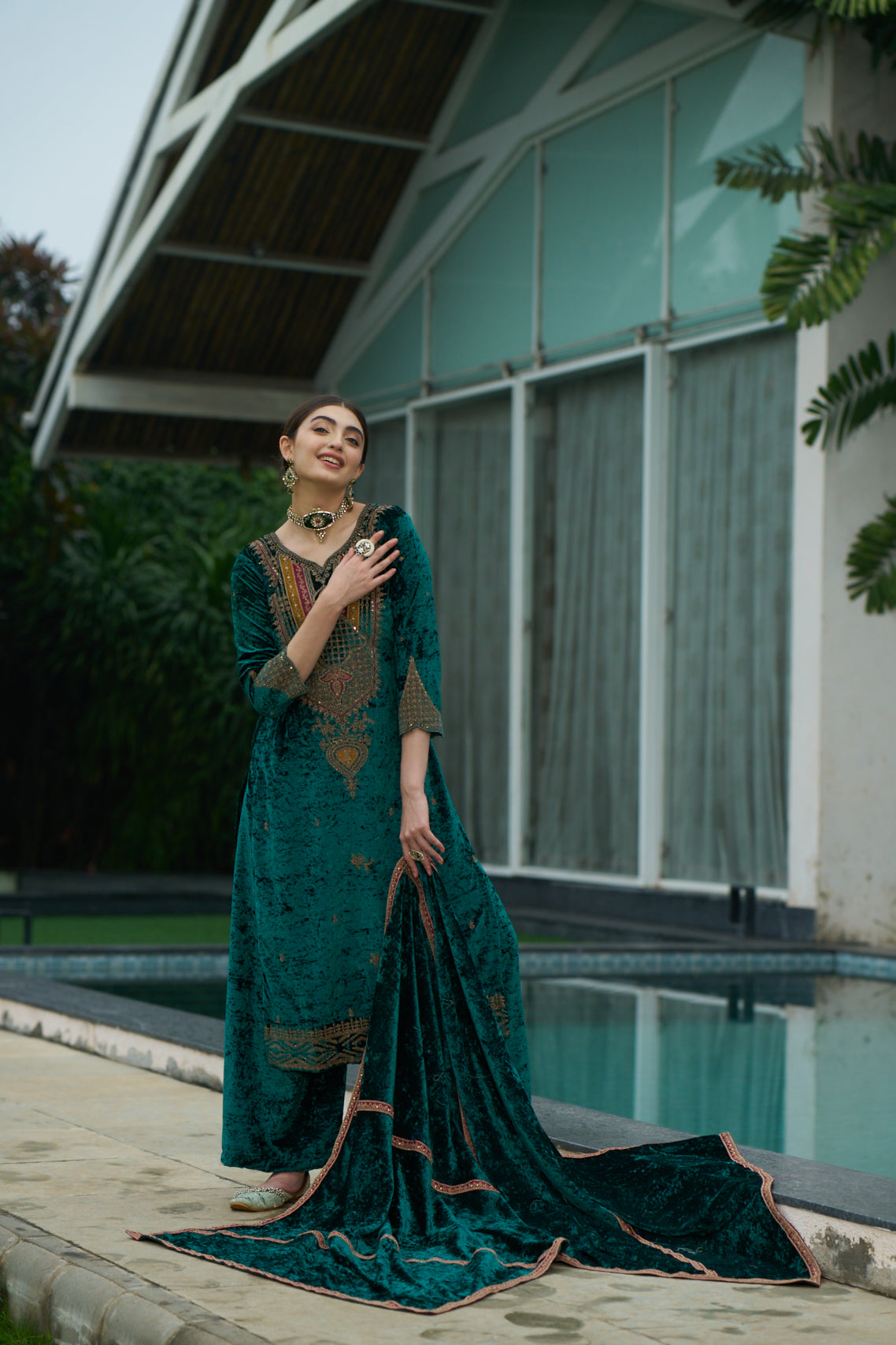 Teal Green Designer Velvet Pakistani Suit Set