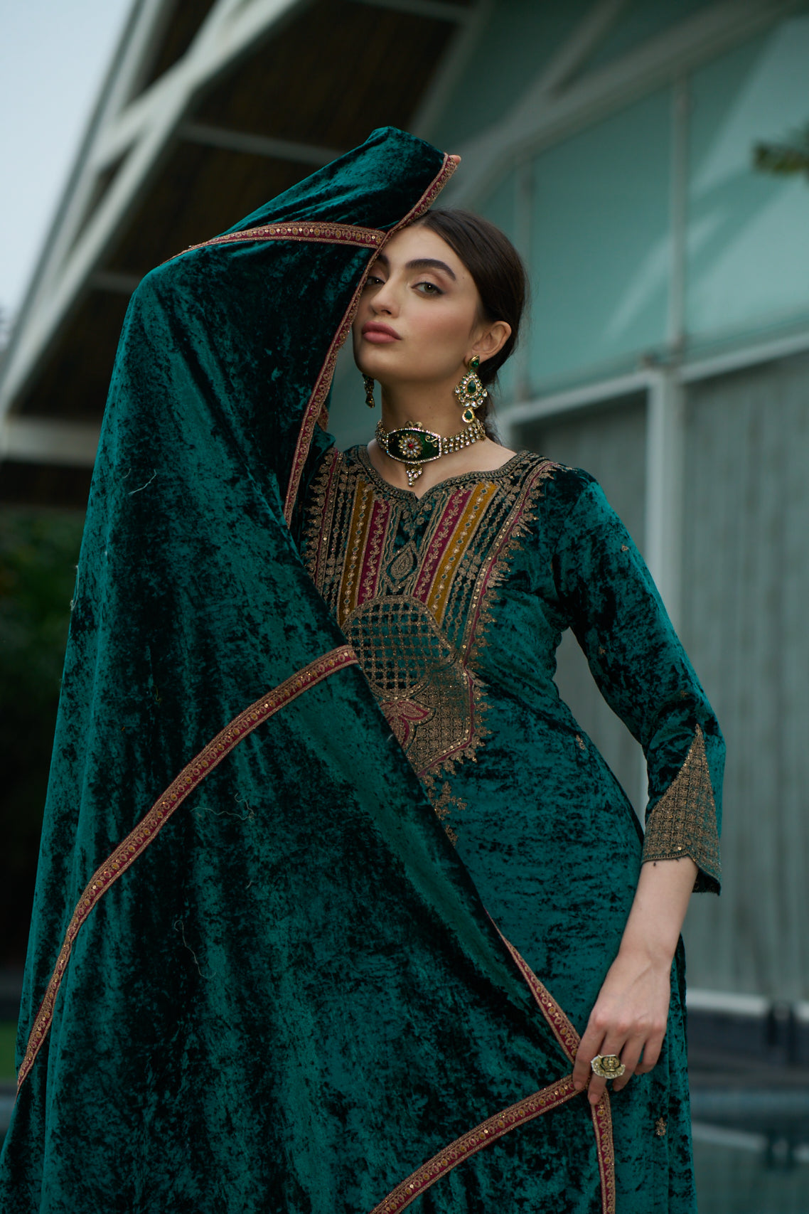 Teal Green Designer Velvet Pakistani Suit Set