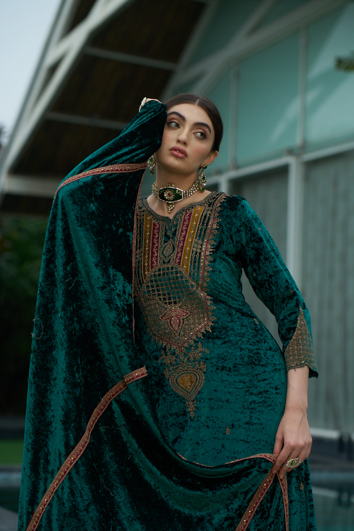 Teal Green Designer Velvet Pakistani Suit Set