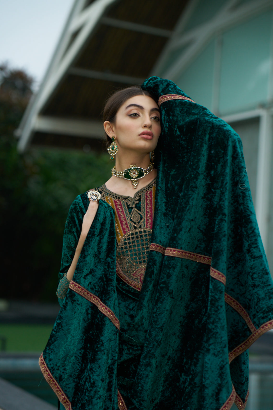Teal Green Designer Velvet Pakistani Suit Set