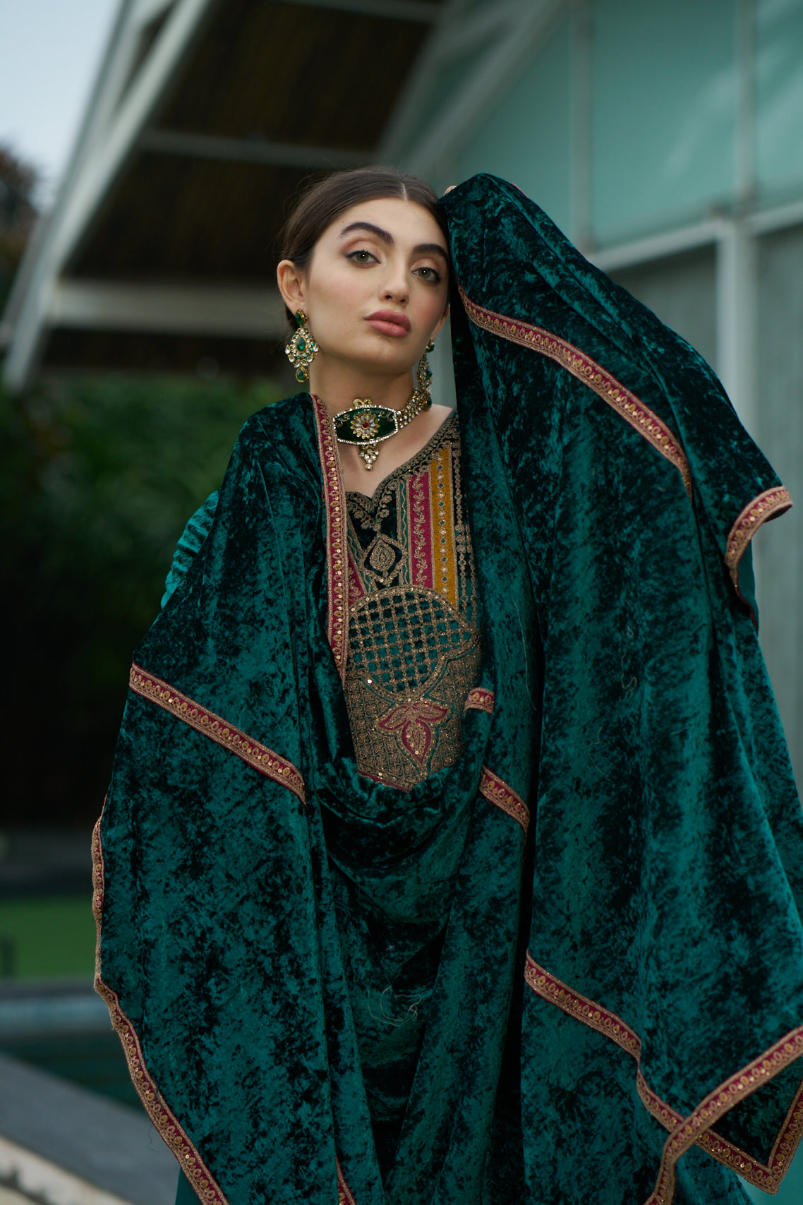 Teal Green Designer Velvet Pakistani Suit Set