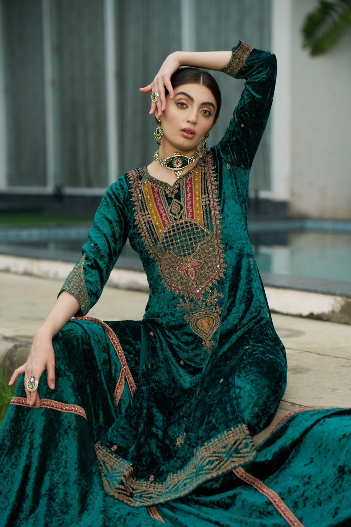 Teal Green Designer Velvet Pakistani Suit Set