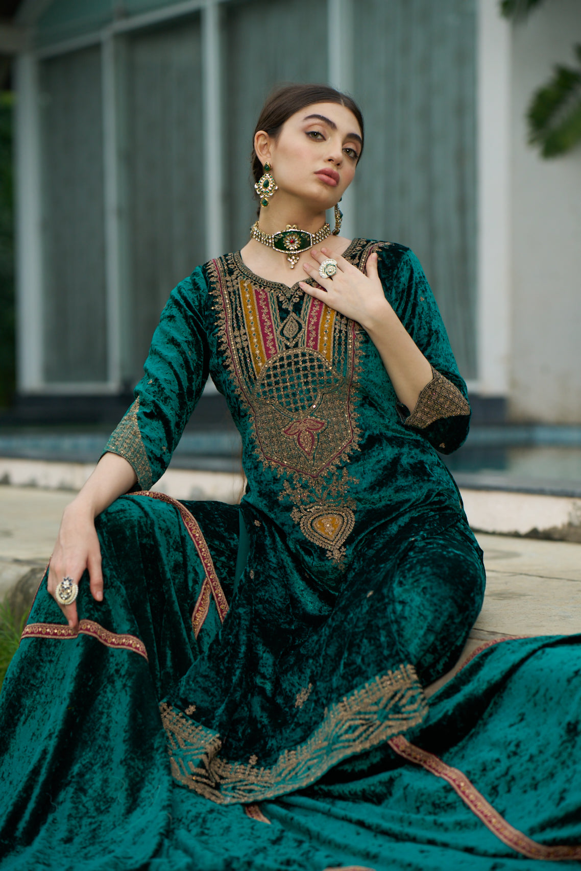 Teal Green Designer Velvet Pakistani Suit Set