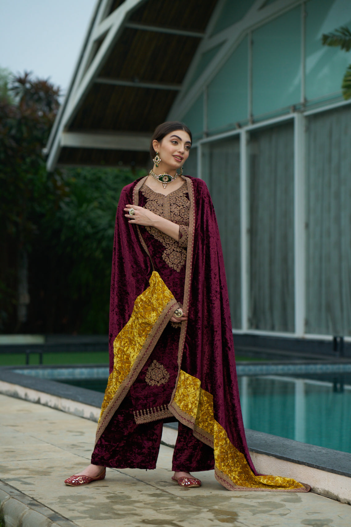 Maroon Designer Velvet Pakistani Suit Set