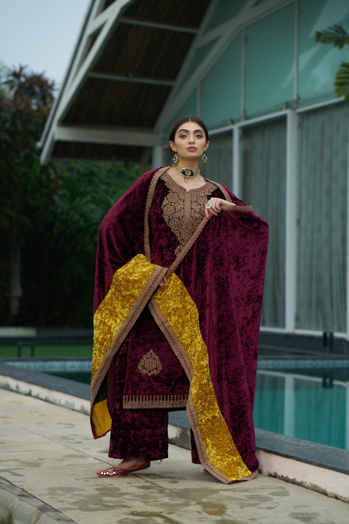 Maroon Designer Velvet Pakistani Suit Set