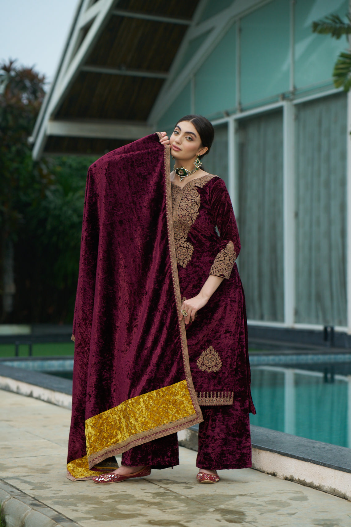 Maroon Designer Velvet Pakistani Suit Set