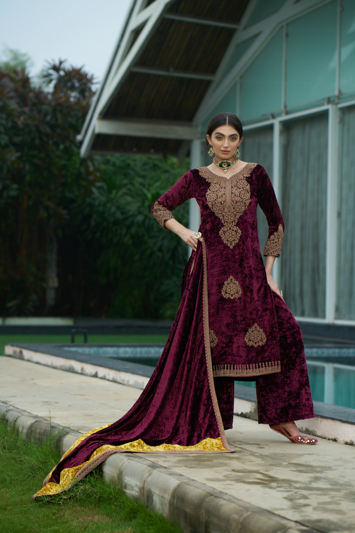 Maroon Designer Velvet Pakistani Suit Set