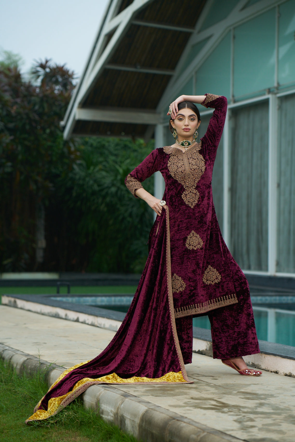 Maroon Designer Velvet Pakistani Suit Set