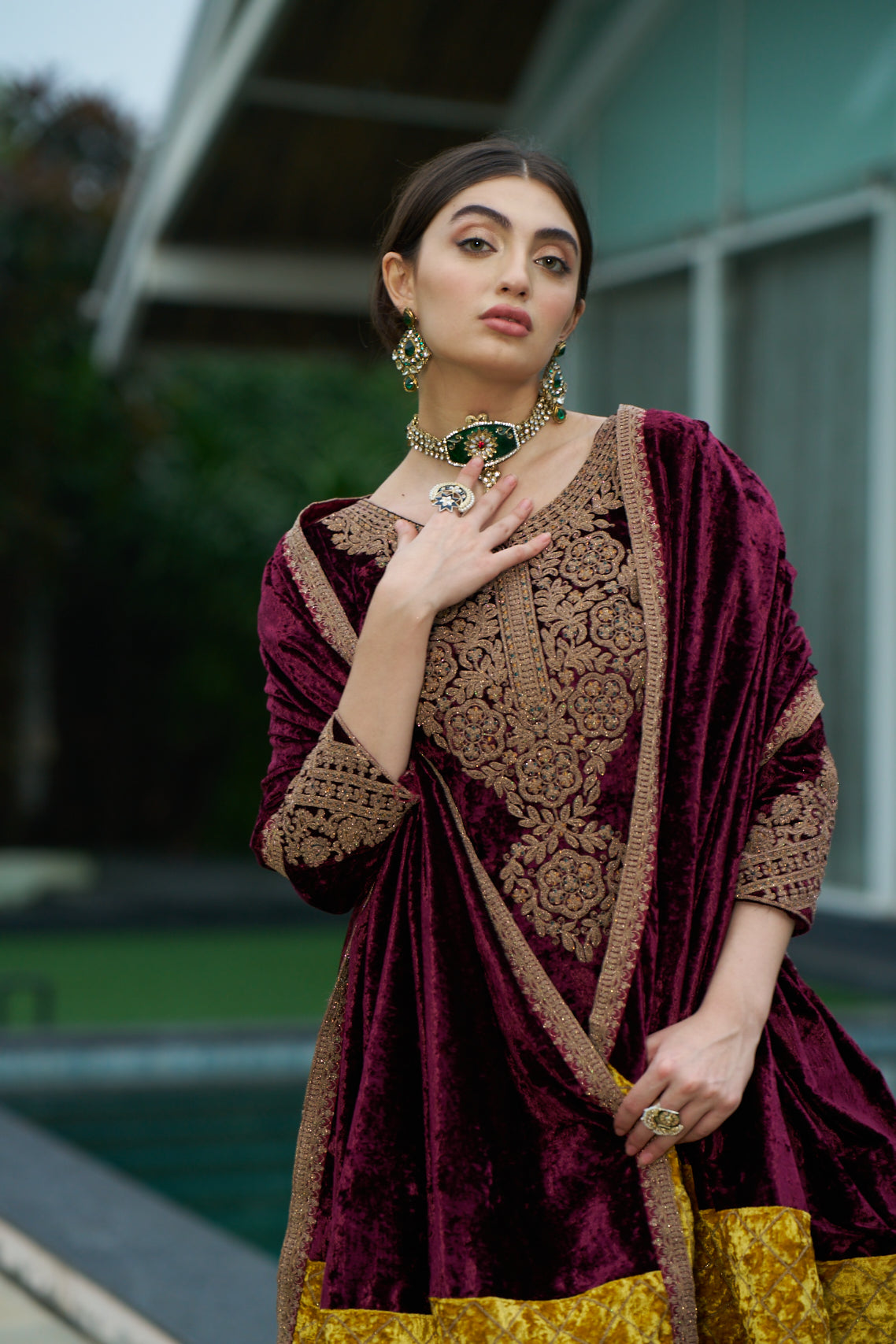 Maroon Designer Velvet Pakistani Suit Set