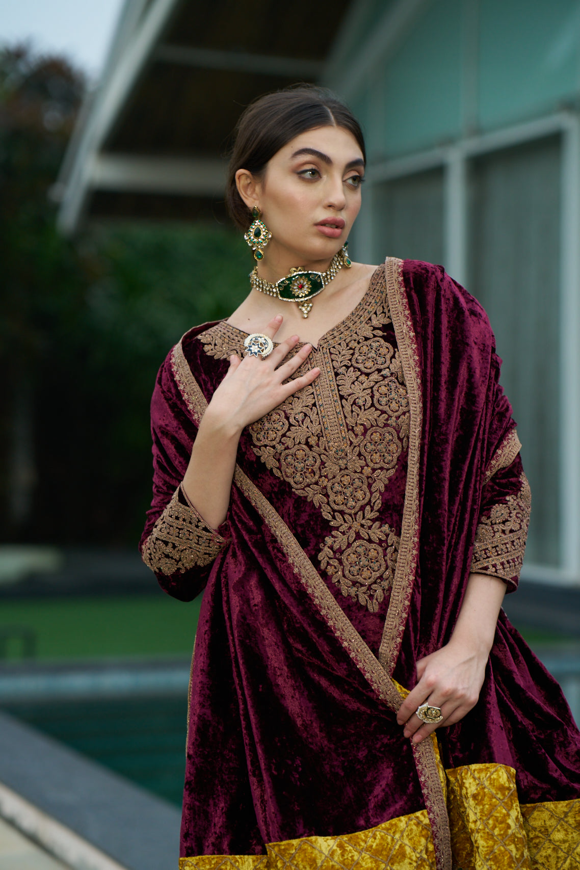 Maroon Designer Velvet Pakistani Suit Set